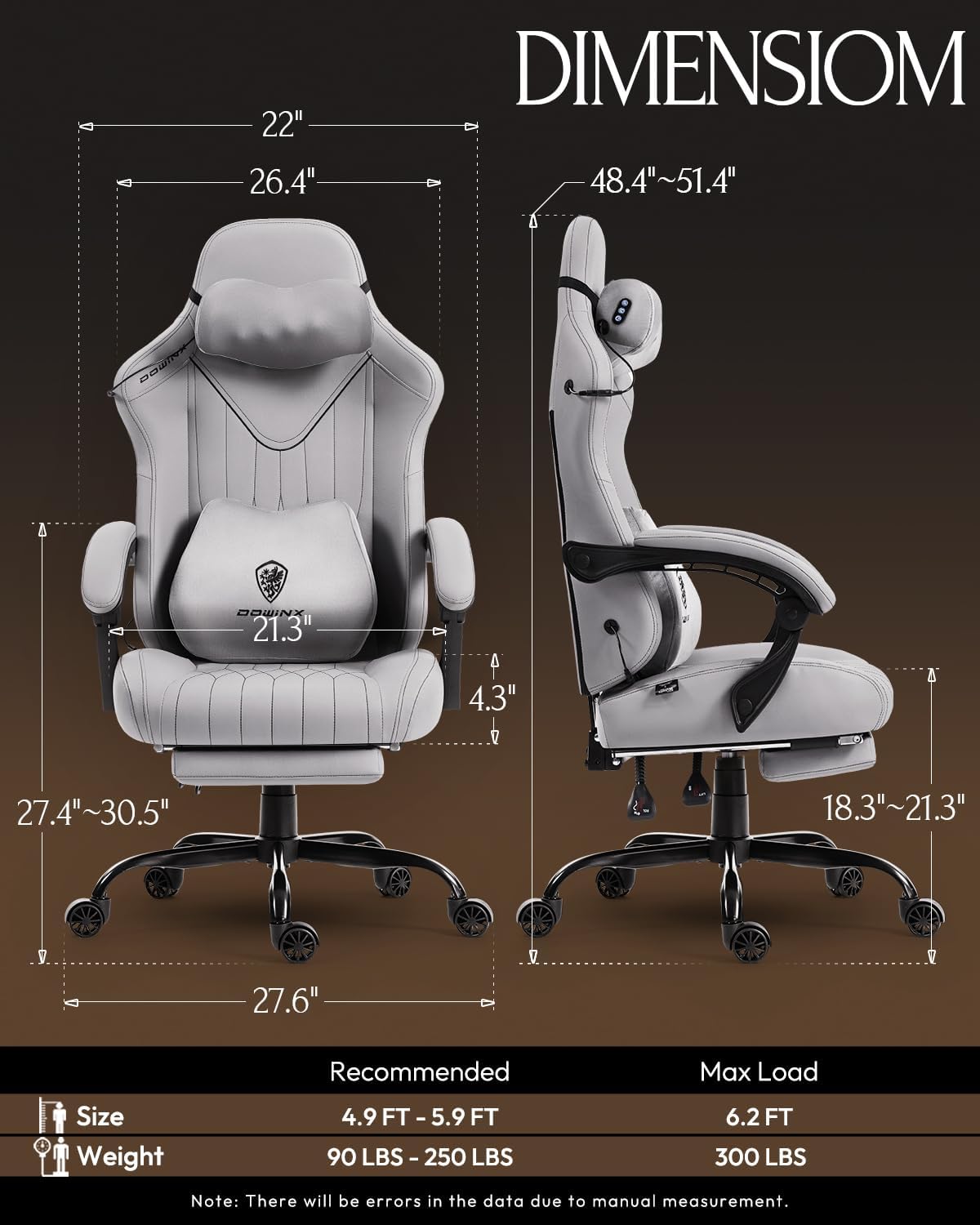 Dowinx Gaming Video Gaming Chair with Shiatsu Neck Massage and Lumbar Support for Home Office High Back Recliner Height Adjustable Ergonomic Comfy Leather Computer Desk Chair (Grey)