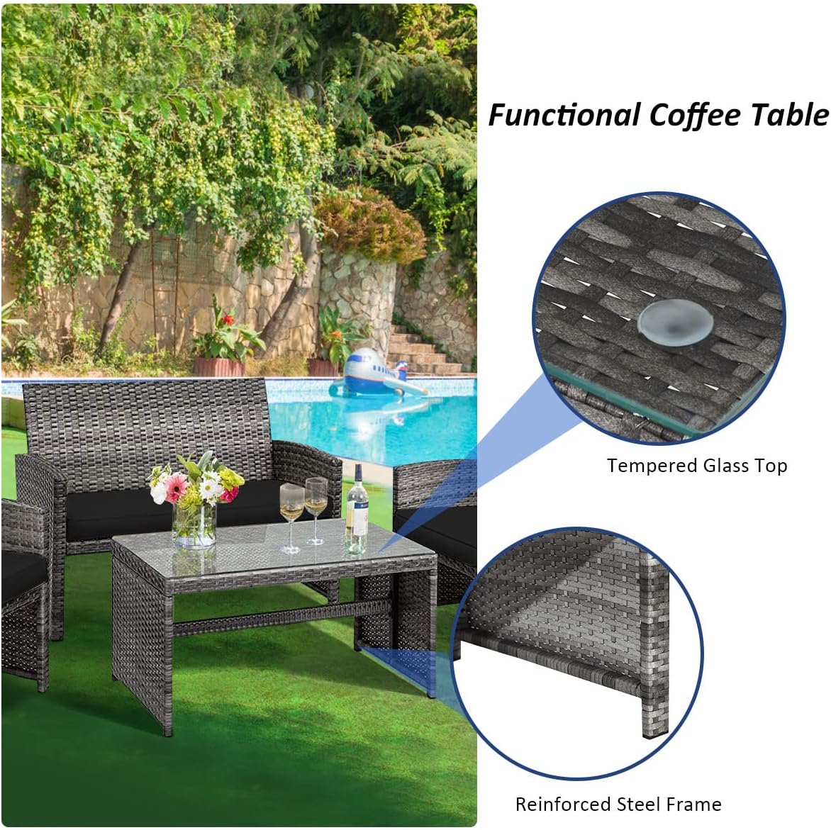 Tangkula 4 PCS Wicker Patio Conversation Set, Outdoor Rattan Sofas with Table Set, Patio Furniture Set with Soft Cushions & Tempered Glass Coffee Table for Poolside Balcony