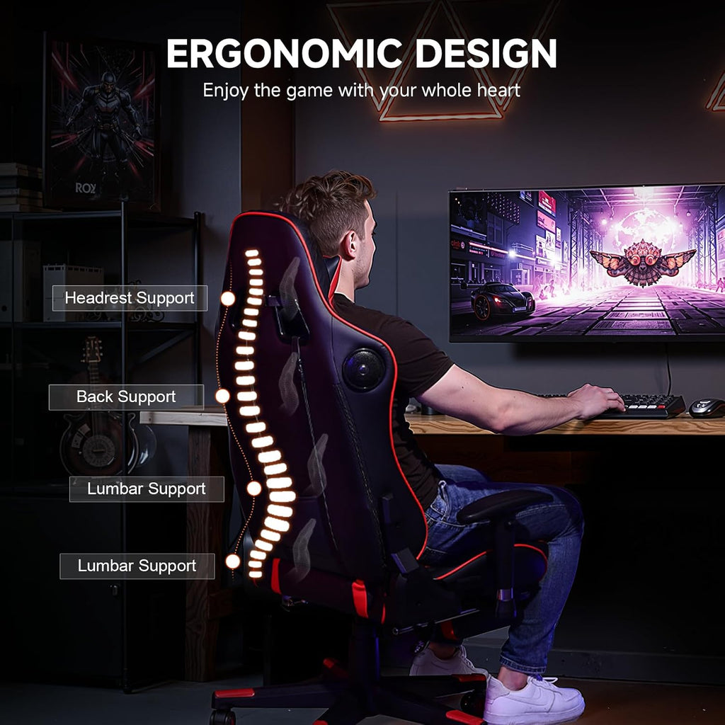 GTPLAYER Gaming Chair with Bluetooth Speakers, Adjustable Backrest and Height, 3D Armrests, Footrest, Ergonomic Computer Chair for Gamers (Brick Red)