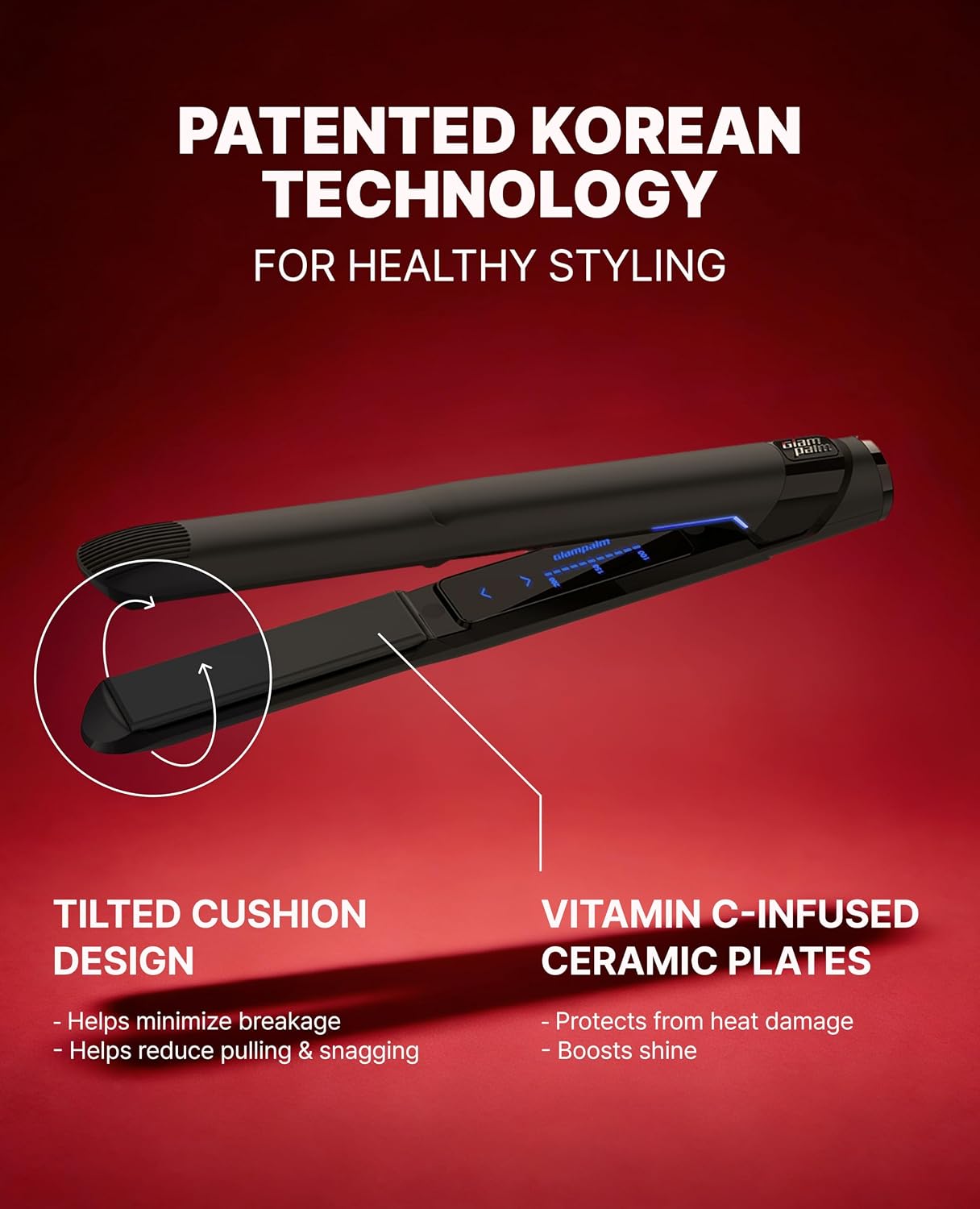 GLAMPALM GlamMuse 1' | All-Ceramic Flat Iron Infused with Vita-C, Salon Results with Less Heat Damage, Trusted by K-Pop Hair Stylists, Dual Voltage Hair Straightener, Silk Press | GP201T