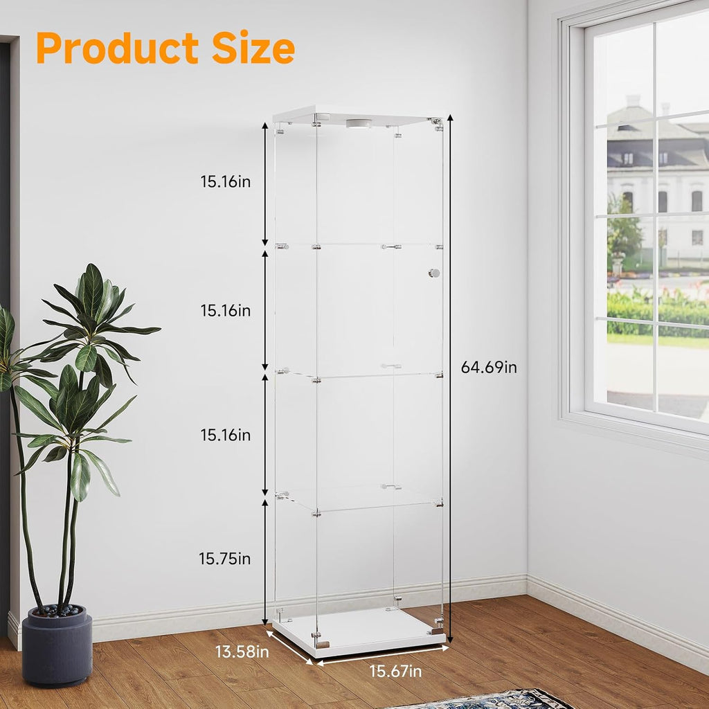 Zevemomo Tempered Glass Display Cabinet with Lights, 4-Tier Curio Cabinet with Glass Doors and Lock, Glass Display Case for Collectibles, for Living Room, Bedroom, Office, White, Single Door