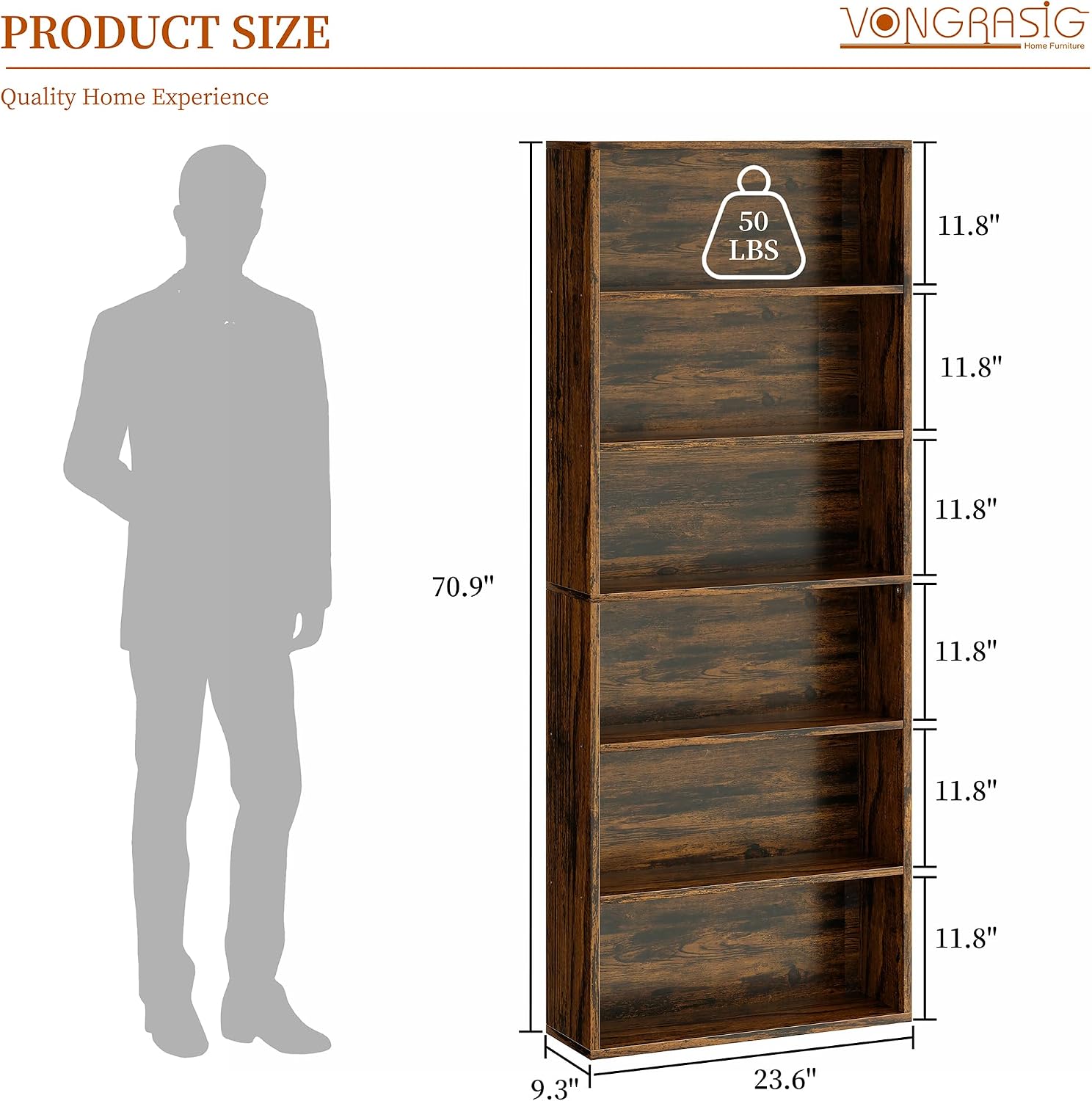 Vongrasig 6-Tier Open Bookcase and Bookshelf, Floor Standing Wood Display Storage Shelves 71 Inch Tall Bookcase Home Decor Furniture for Home Office, Living Room, Bed Room, Rustic Brown, 2 Pieces