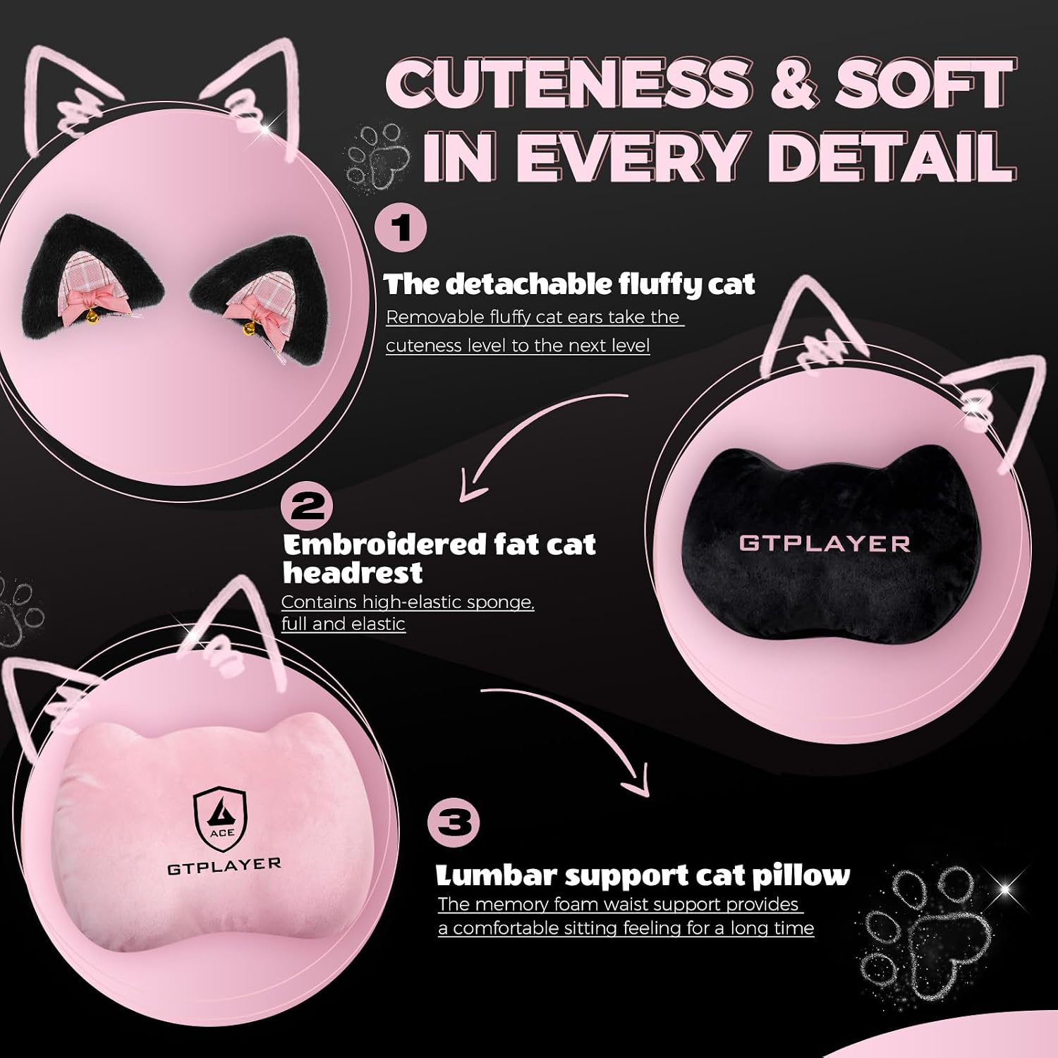 GTPLAYER Pink Gaming Chair Cute with Cat Ears Ergonomic Computer Chair with Cat Embroidery Adjustable Memory Foam Lumbar Support and Headrest Comfortable Reclining Office Chair Soft Velvet Fabric