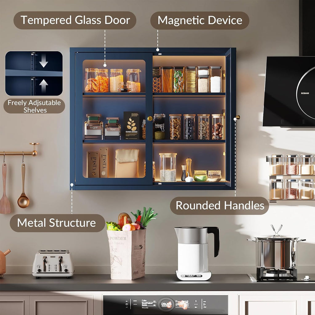 Bathroom Wall Cabinet with 13-Color Light, Wall Mounted 3-Sided Glass Display Cabinet with Adjustable Shelves, Floating Metal Medicine Storage Cabinet for Kitchen Living Room - Blue