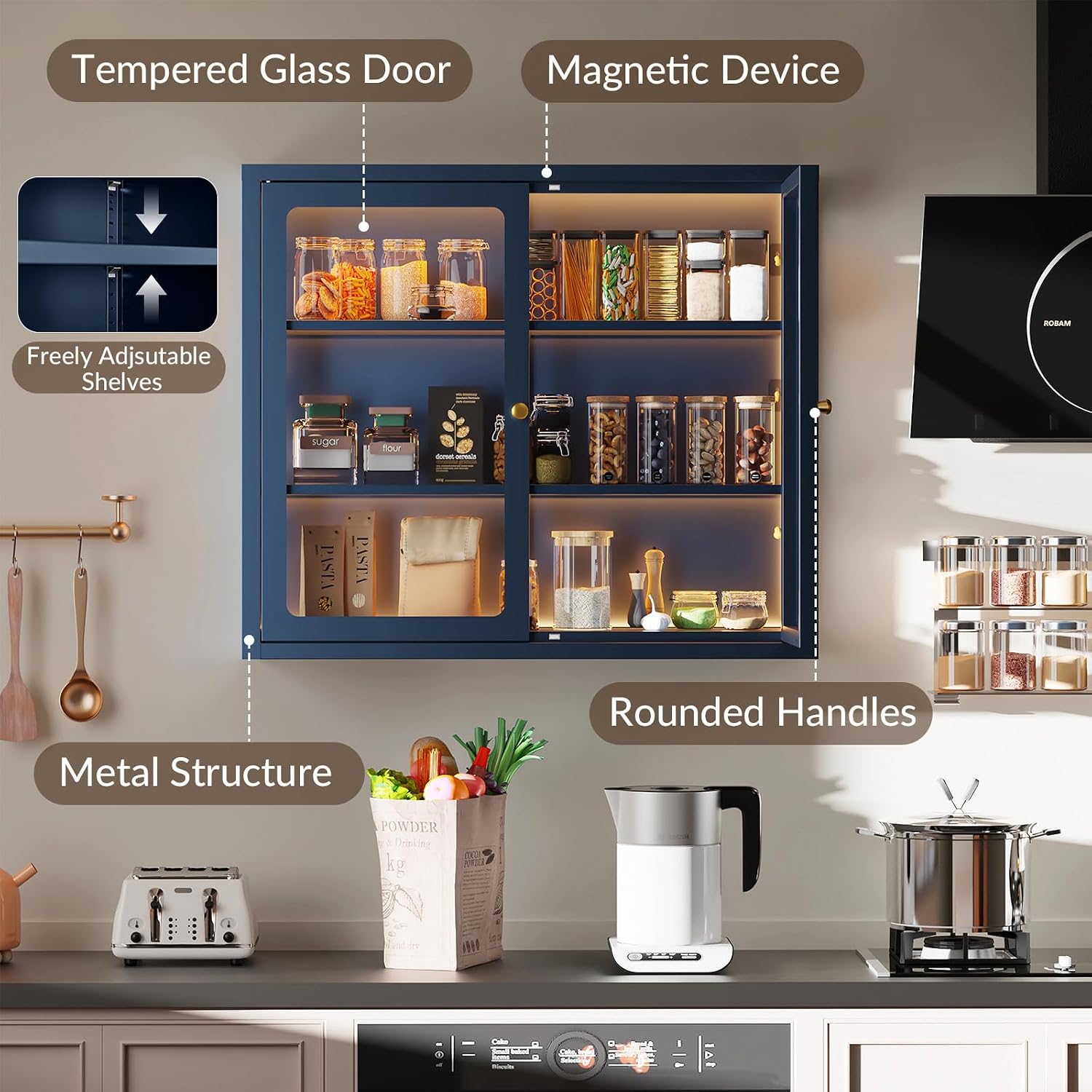 Bathroom Wall Cabinet with 13-Color Light, Wall Mounted 3-Sided Glass Display Cabinet with Adjustable Shelves, Floating Metal Medicine Storage Cabinet for Kitchen Living Room - Blue