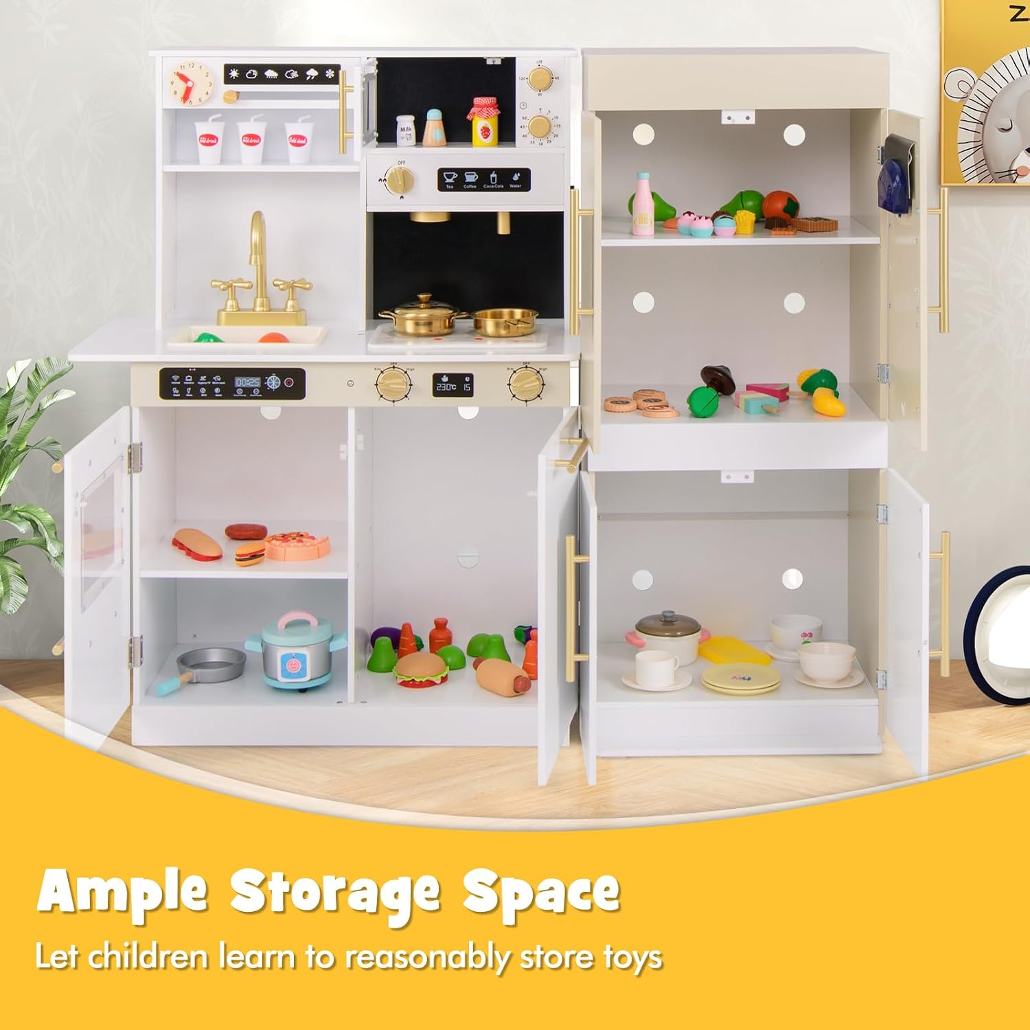 INFANS Play Kitchen for Kids, 2-Piece Fridge Refrigerator Playset Combination with Electronic Interactive Alphabet Wall Chart Coffee Machine Stove Microwave, Toddler Wooden Pretend Cooking Set Gift