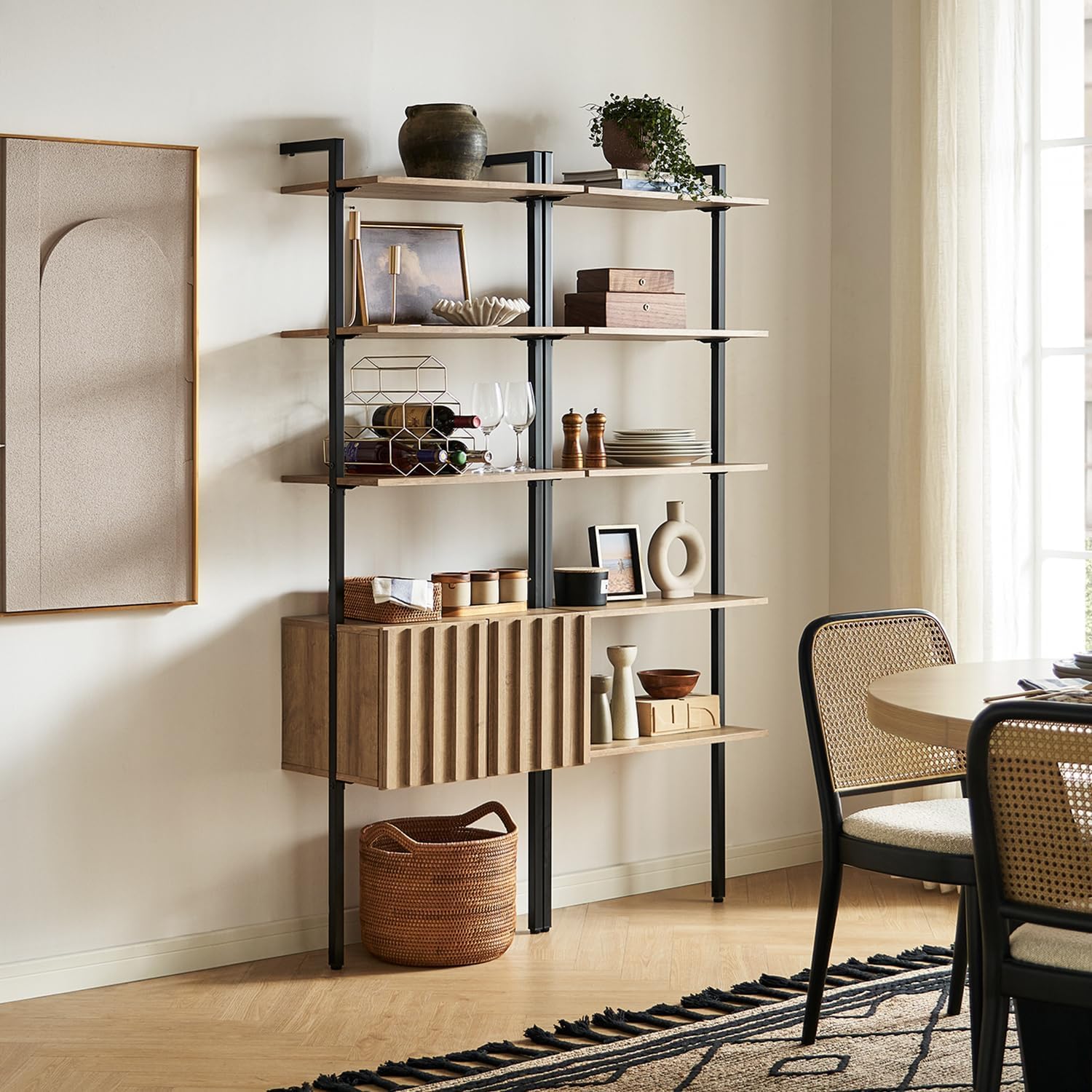 mopio Norwin Ladder Book Shelf, Wall-Mount Storage Rack, Wall Bookshelf, Farmhouse Industrial Bookcase, Narrow Slim Organizer, Steel Frame Display Shelves, Living Room, Bedroom (5-Tier Shelf Double)