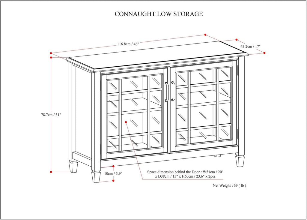 SIMPLIHOME Connaught Storage Cabinet - 46 inch Wide Solid Wood Low Storage Cabinet in Antique White, Traditional Console for Living Room, Entryway, or Dining Room with Glass Doors and Shelves