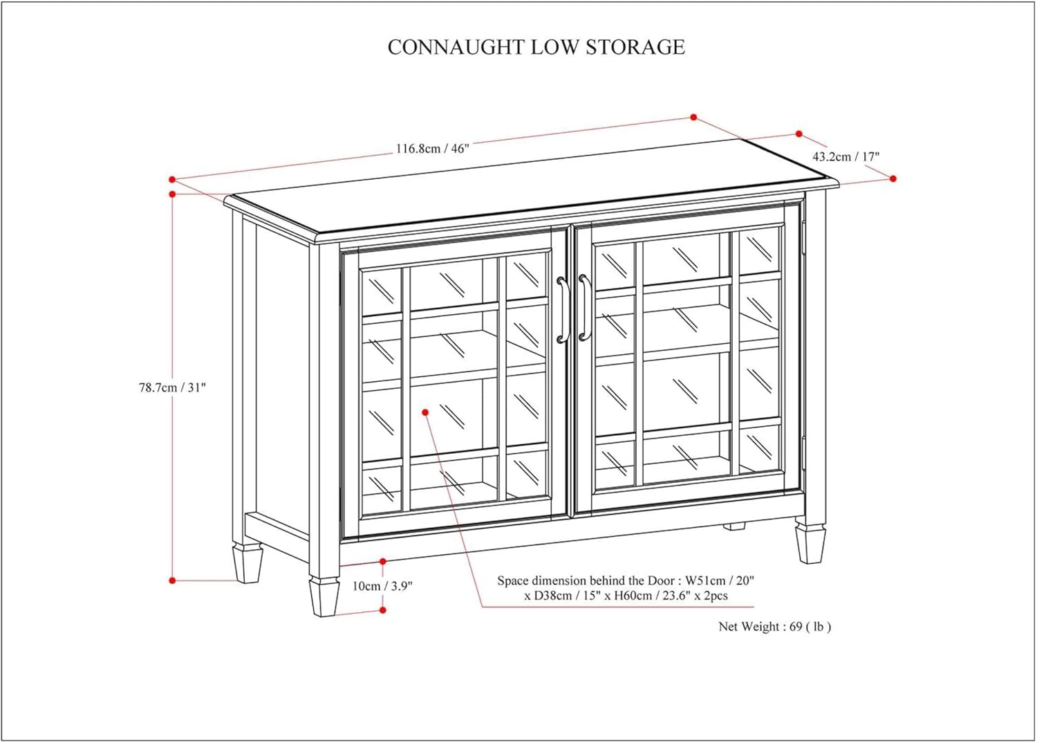 SIMPLIHOME Connaught Storage Cabinet - 46 inch Wide Solid Wood Low Storage Cabinet in Antique White, Traditional Console for Living Room, Entryway, or Dining Room with Glass Doors and Shelves