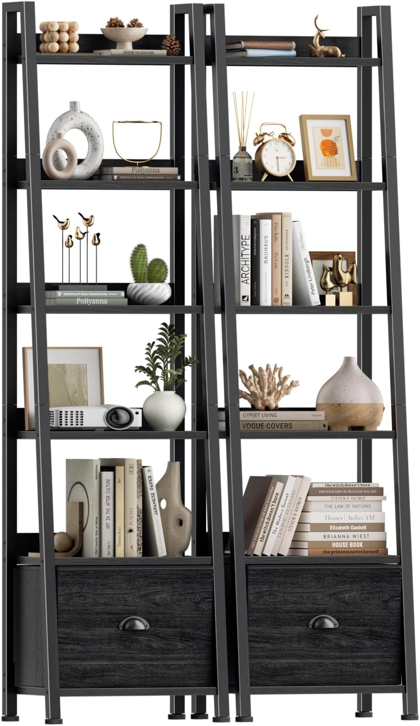 Furologee Bookshelf Set of 2, 6-Tier Ladder Shelf, Ladder Bookshelf with Drawer, Set of 2 Bookshelves, Wood Metal Freestanding Storage Shelf for Living Room, Home Office, Bedroom, Kitchen,Black Oak