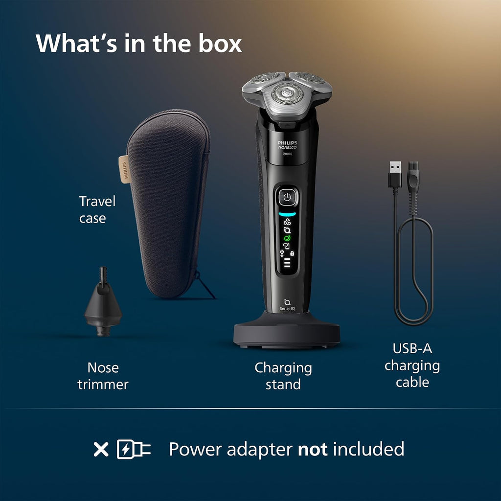 Philips Norelco Shaver i9000, Wet & Dry Electric Shaver, Ink Black, SenseIQ Technology, Triple Lift & Cut System, 360 Rotating Dual SteelPrecision Precision Blades, Nose Trimmer, Model X9000/90