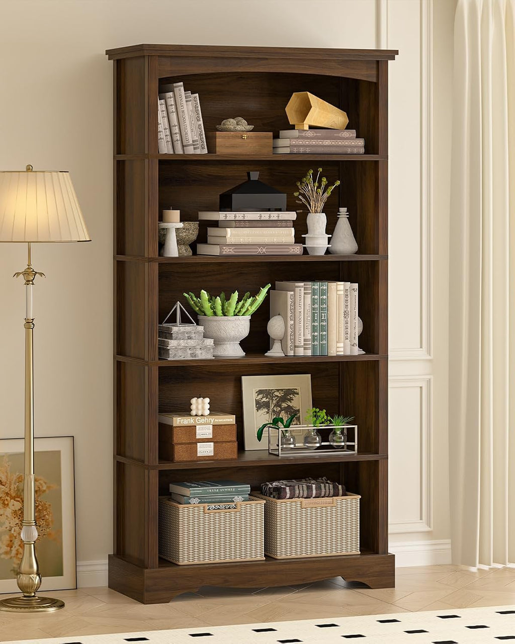 TVU 5-Tier Wooden Bookshelf, 31.5' W x 65' H ×9.9' D Bookshelf with Storage, Floor Standing Modern Style Display Bookcase for Living Room, Office, Study Room, Entryway, Brown