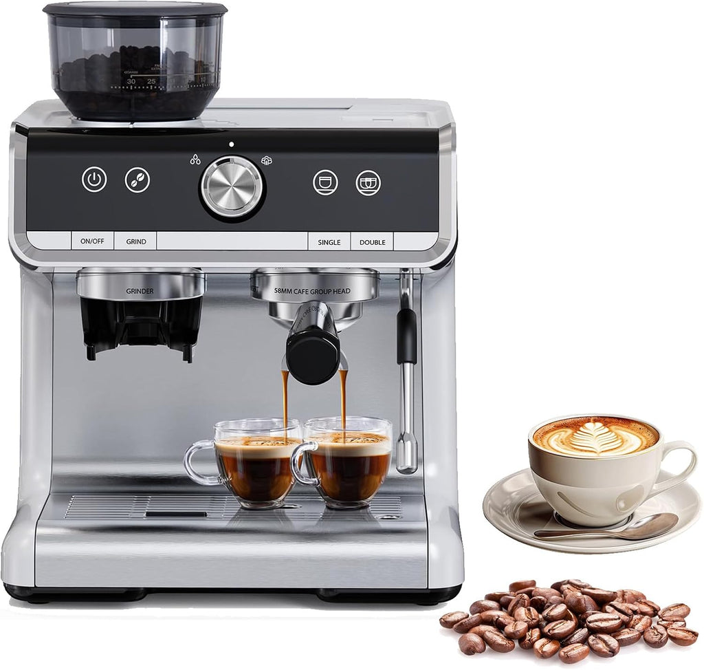 Acekool 20 Bar Espresso Machines with Grinder, Professional Espresso Maker with Removable Water Tank, Milk Frother Steam Wand for Latte&Cappuccino (Silver)