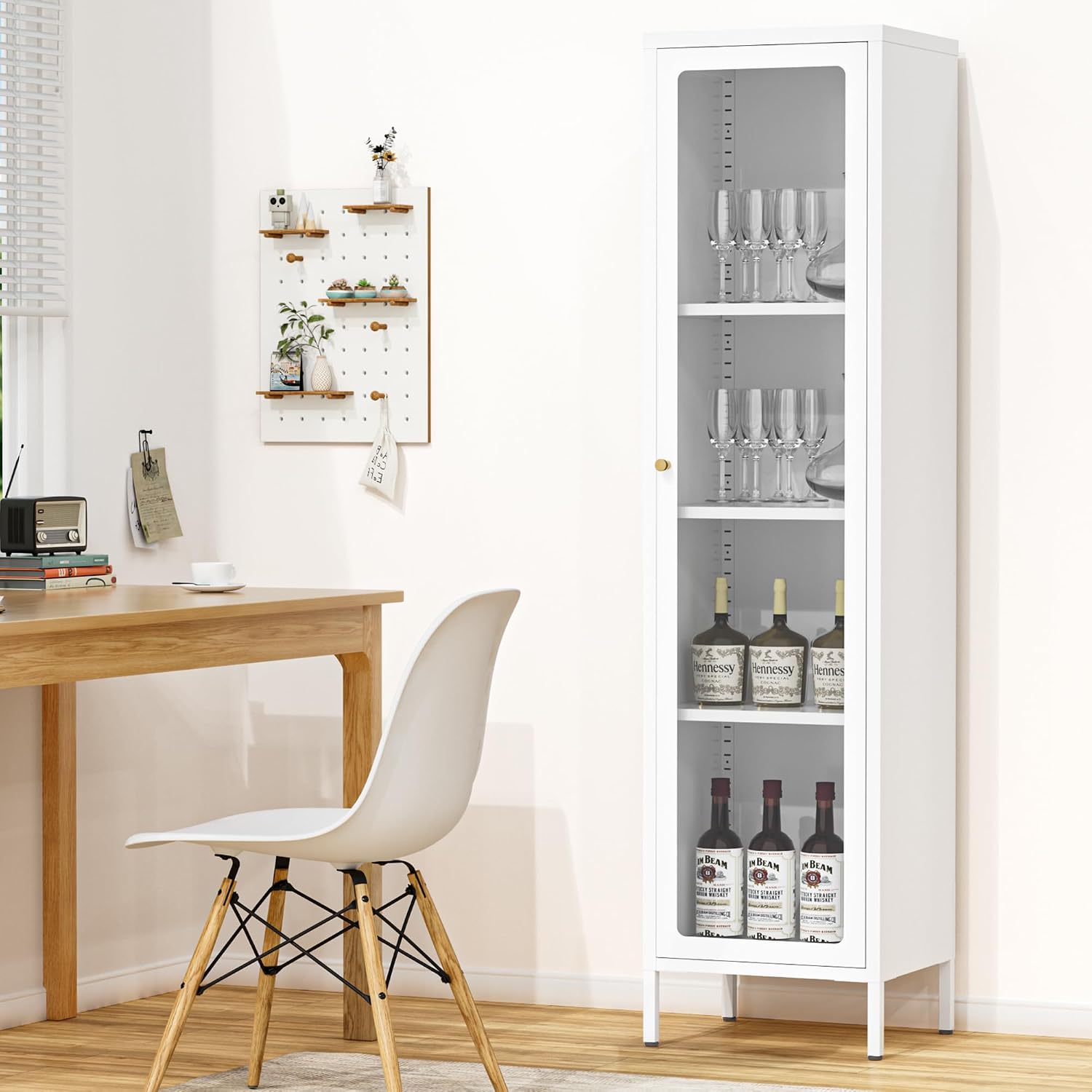Foreate Cabinet with Glass Door, 4-Tier Curio Cabinet, Glass Display Cabinet with Adjustable Shelves, Metal Storage Display Case, Tall Bookcase for Kitchen Living Room Office, White