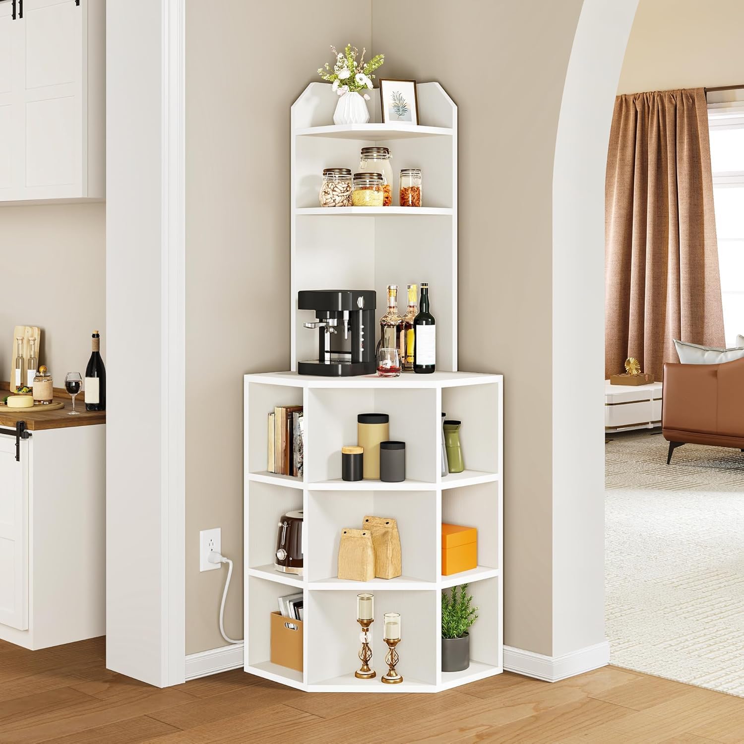 YITAHOME Corner Shelf with USB Ports & Outlets, Modern Corner Storage Cabinet Rack Charging Station, Wooden Display Bookshelf Bookcase for Living Room, Bedroom, Dining Room, Kitchen, White