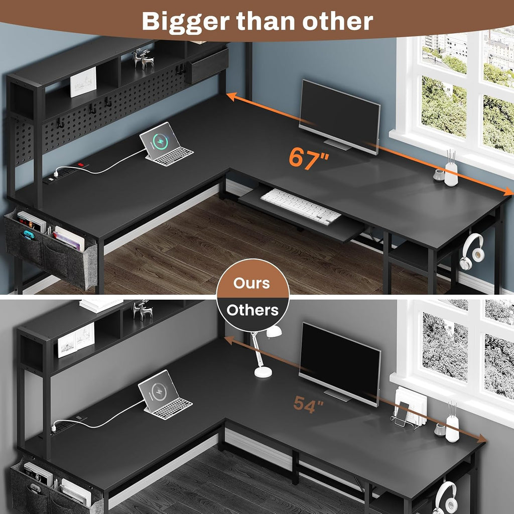 SEDETA L Shaped Gaming Desk, Reversible Computer Desk with Power Outlet and Pegboard, Gaming Desk with Led Lights, Keyboard Tray and Storage Bag for Home Office, Black