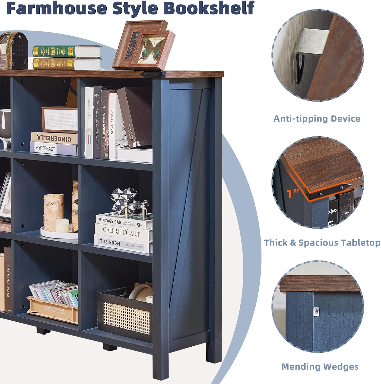 Joaxswe 9 Cube Bookcase, Farmhouse 47 Inch Wide Navy Blue Bookshelf, Wooden 3 Tier Display Large Open Book Shelf, Vintage Horizontal Book Case for Home Office, Cubby Storage Cabinet for Living Room