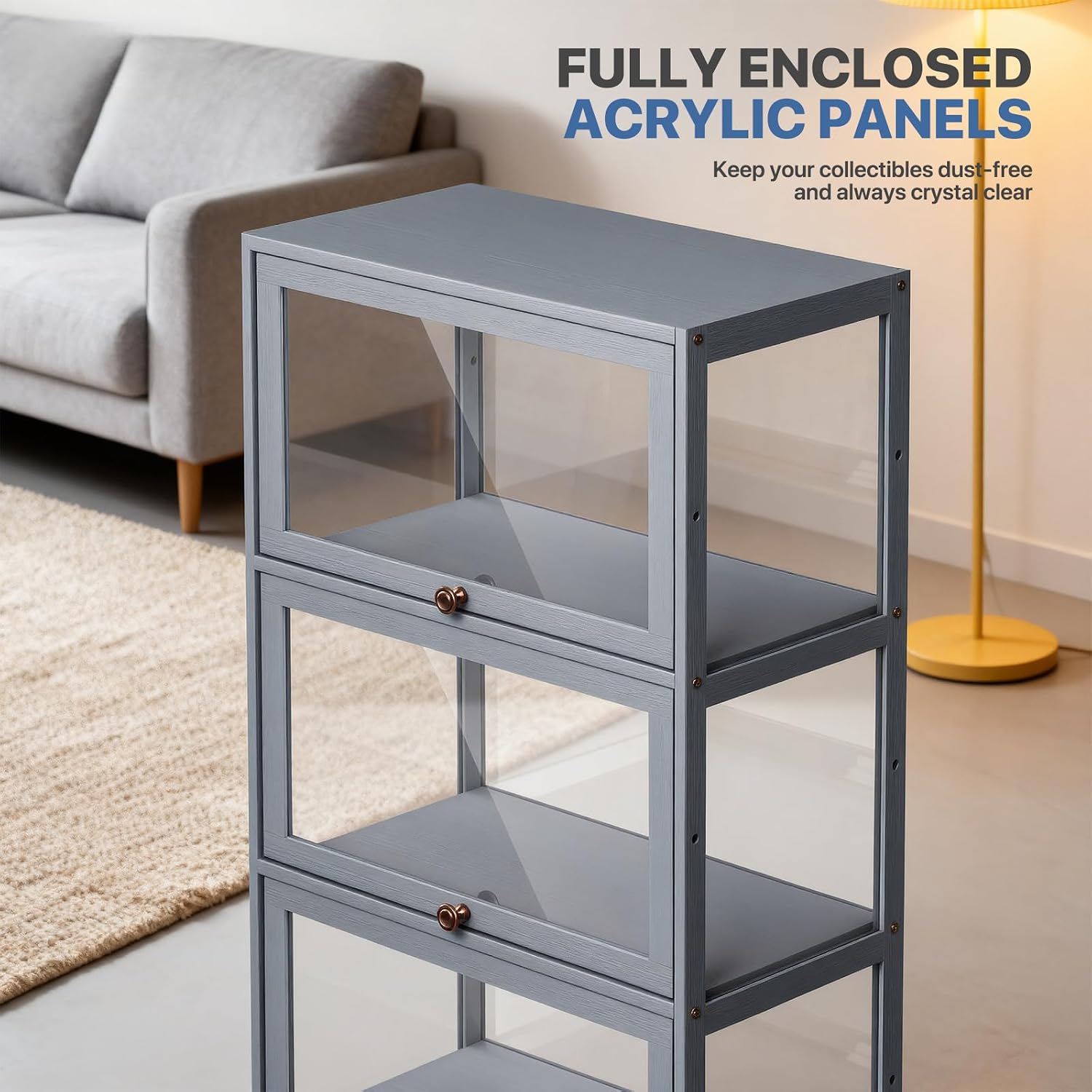 Magshion Display Cabinet, 5-Tier Curio Cabinet with Acrylic Doors, 67.5' Tall Curio Display Case, Showcase, Corner Shelf for Living Room, Bedroom, Playroom, Grey, 12.5' D x 23' W x 67.5' H