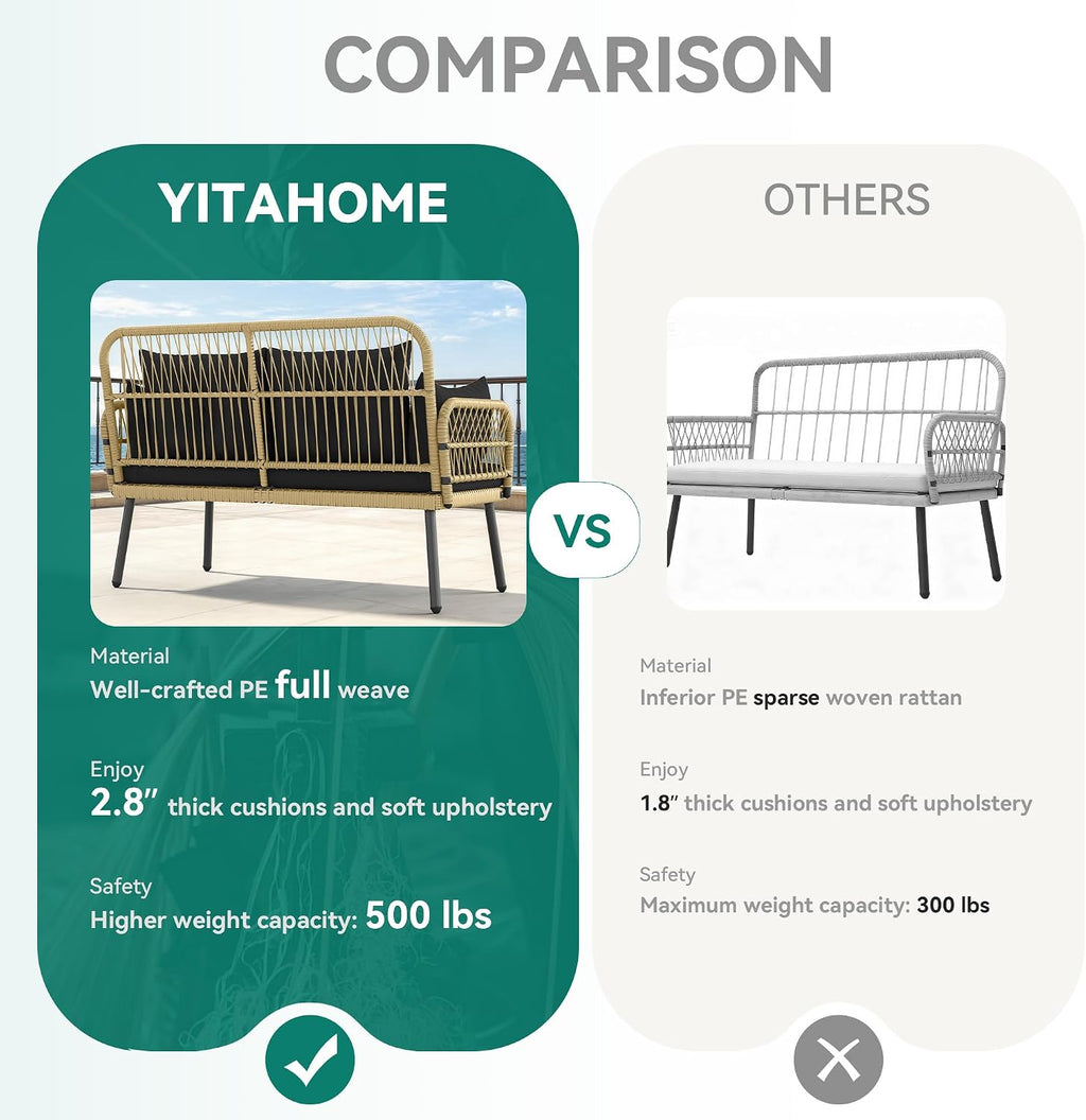 YITAHOME Outdoor Patio Loveseat, Two-Seater Wicker Patio Sofa with Handwoven Rattan and Cushions, Porch Furniture for Backyard, Balcony, and Deck, Light Brown and Black