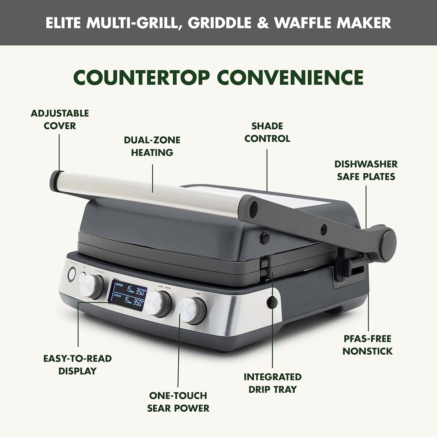 GreenPan Elite 7-in-1 Multi-Function Contact Grill & Griddle, Healthy Ceramic Nonstick Reversible Plates, Adjustable Shade & Shear, Closed Press/Open Flat Surface, PFAS-Free, Graphite
