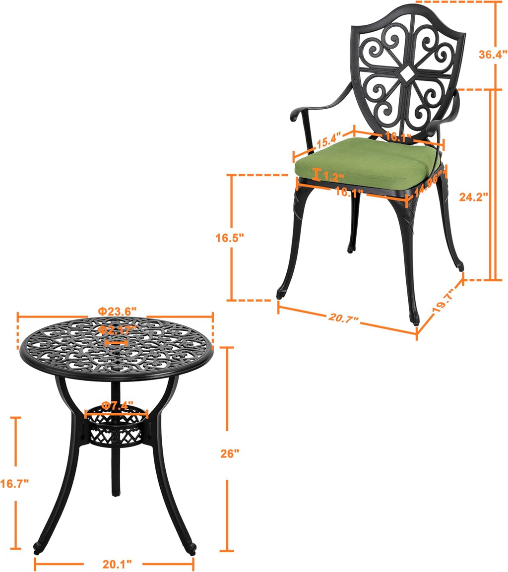 NUU GARDEN Outdoor 3-Piece Bistro Set with Cushions, Round 24 Inch Cast Aluminum Bistro Table with 2.17' Umbrella Hole, 2 Cast Aluminum Bistro Chairs, for Patio, Garden, Backyard and Balcony, Black