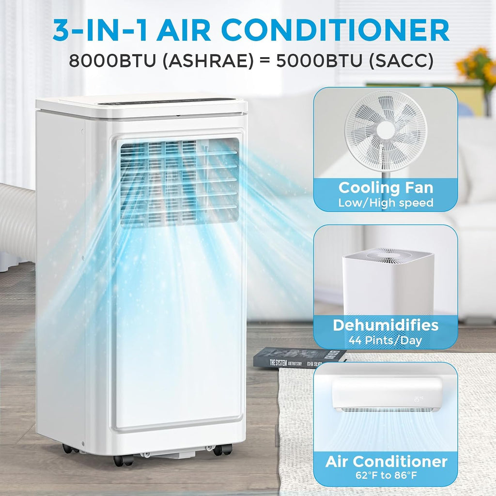 Antarctic Star Portable Air Conditioners 8,000 BTU, 3-in-1 Portable AC Unit for Rooms up to 350 Sq.Ft, Mini Air Conditioner for Bedroom with Cooling, Dehumidifier & Fan Mode, 24H Timer, Sleep Mode