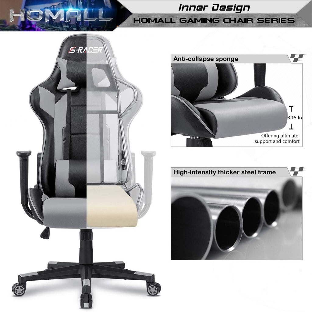 Homall Gaming Chair, Office Chair High Back Computer Chair Leather Desk Chair Racing Executive Ergonomic Adjustable Swivel Task Chair with Headrest and Lumbar Support (Grey)