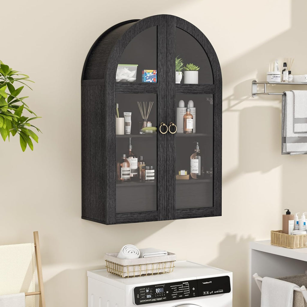 Arched Wall Cabinet with Tempered Glass Doors, 23.5×31.4 Inch Hanging Storage Cabinet with Adjustable Shelf, Glass Display Cabinet for Bathroom, Kitchen, Living Room, Black