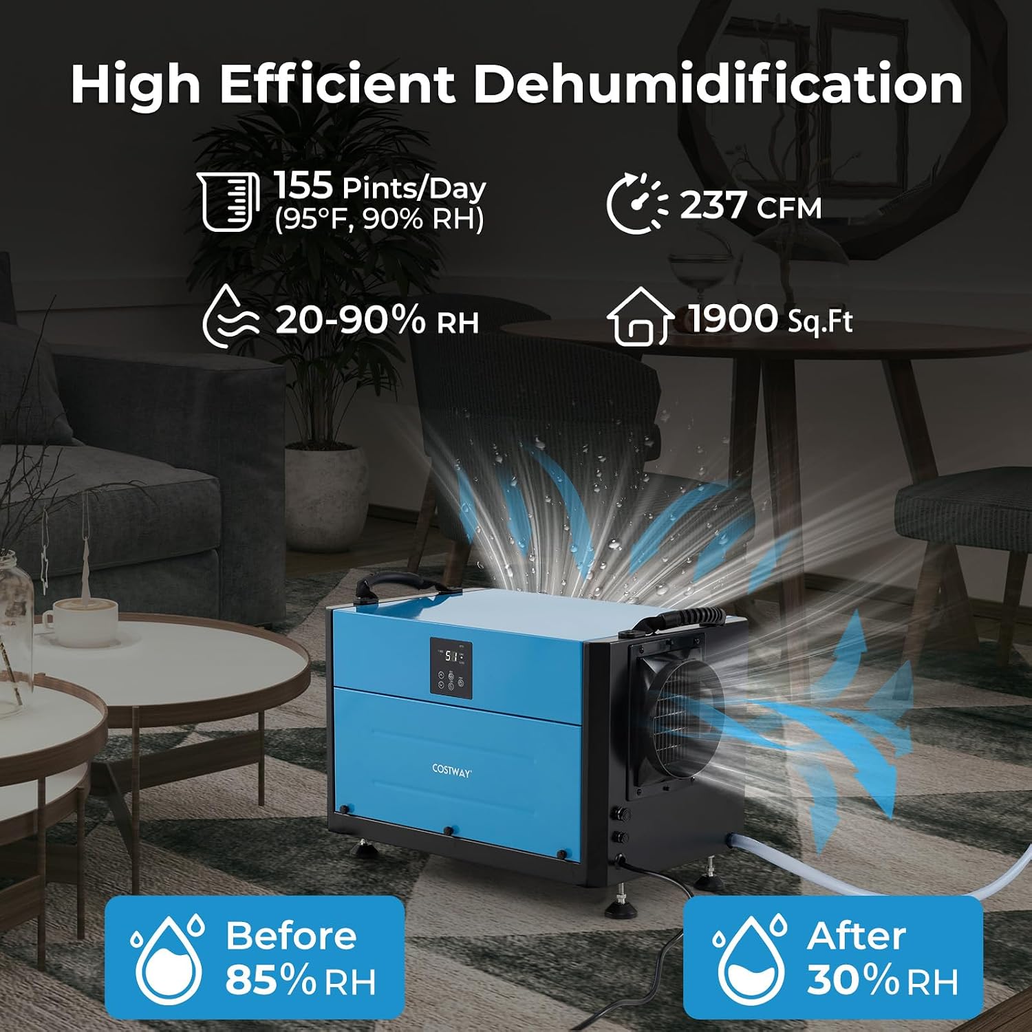 COSTWAY 155 PPD Commercial Dehumidifier, 1900 Sq.Ft Crawl Space Dehumidifier with 9.8 FT Drain Hose & Wired Remote Control Panel, Ideal for Basement, Warehouse (Blue)