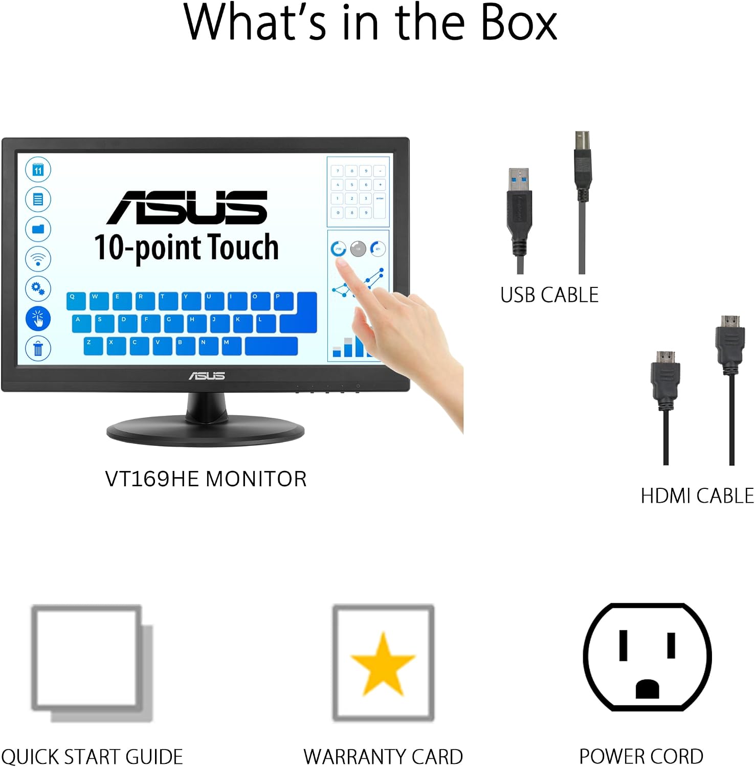ASUS 15.6' 1080P Touch Monitor (VT169HE) - Full HD, 10-Point Touchscreen, IPS, Wide Viewing Angle, Frameless, Eye Care, Flicker Free, Low Blue Light, HDMI, Windows 11 Compliance, VESA Mountable
