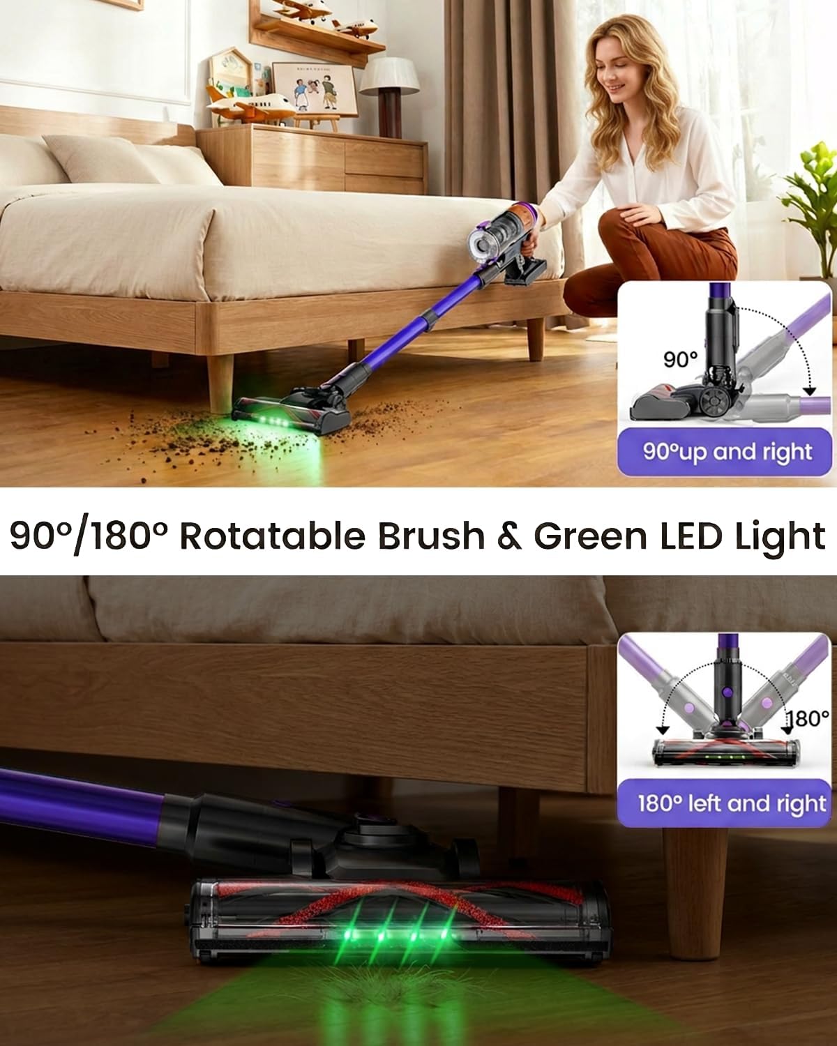 Cordless Vacuum Cleaner,500W 40KPa 120Mins Runtime with 2 Batteries,Anti-Tangle Stick Vacuum with Green Light,Rechargeable Wireless Vacuum for Pet Hair/Carpet/Hardwood Floor,Purple