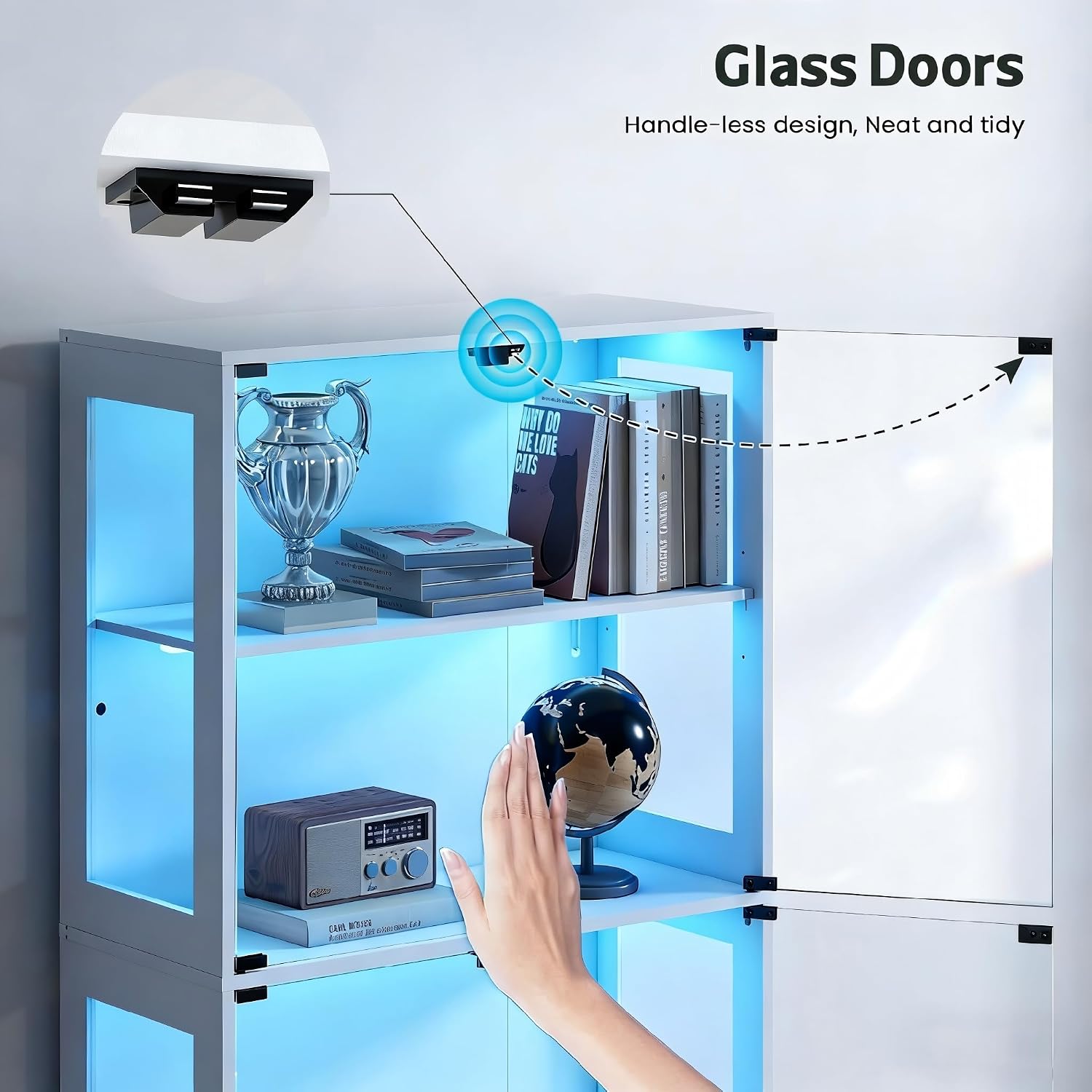 Lamtor Display Cabinet with Glass Doors - 67' Curio Cabinet for Collectibles with RGB LED Lights and 2 Drawers, 4 Tier Glass Display Case for Living Room, Office, White