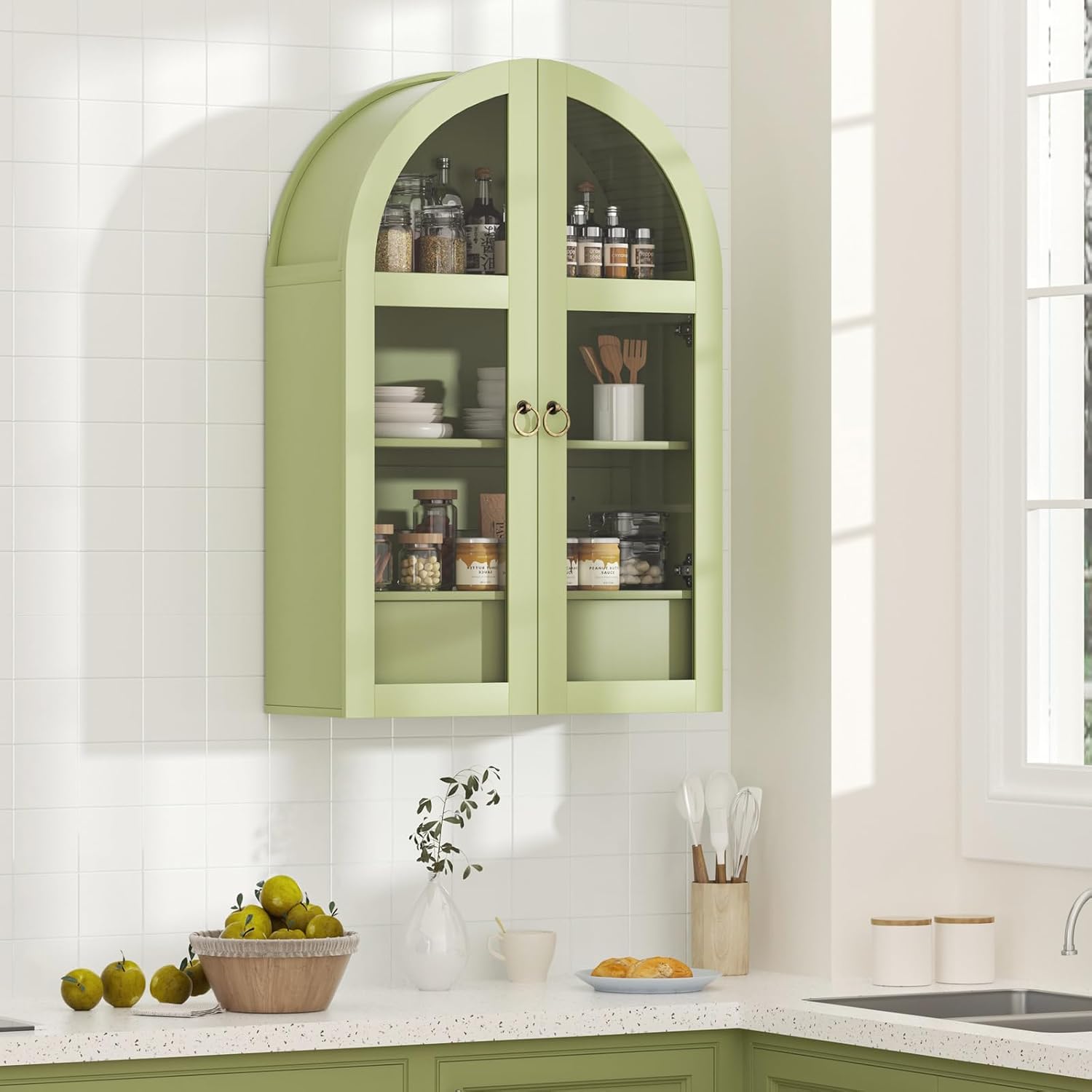 Medicine Cabinet with Tempered Glass Door, Arched Bathroom Wall Cabinet with Adjustable Shelf, for Kitchen, Living Room, Entryway, Laundry Room, Apartment, Office, Small Space, Green