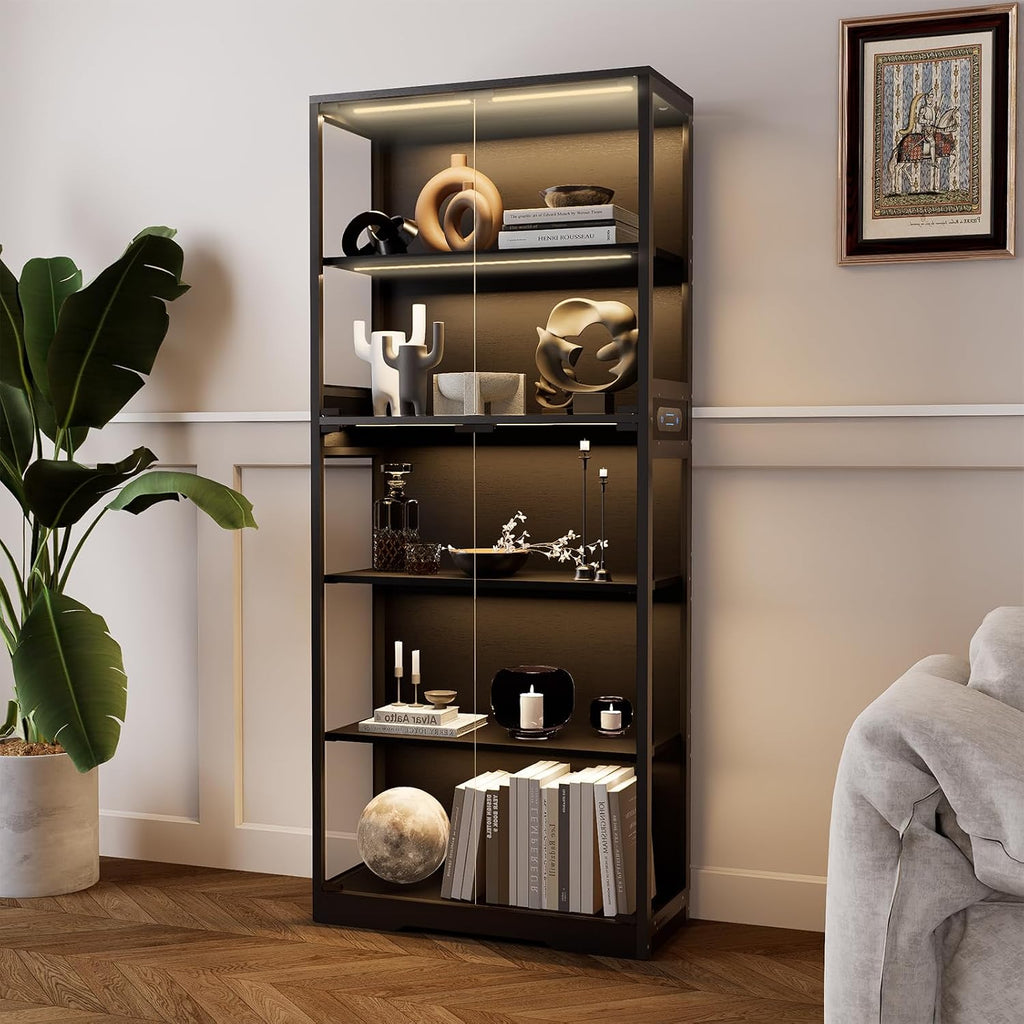 Glass Display Cabinet, 5-Tier Curio Cabinet with Glass Doors, Dimming LED Lights & Motion Sensor, for Collectible Figures, Living Room, Bedroom, or Office (Iron Frame Black)
