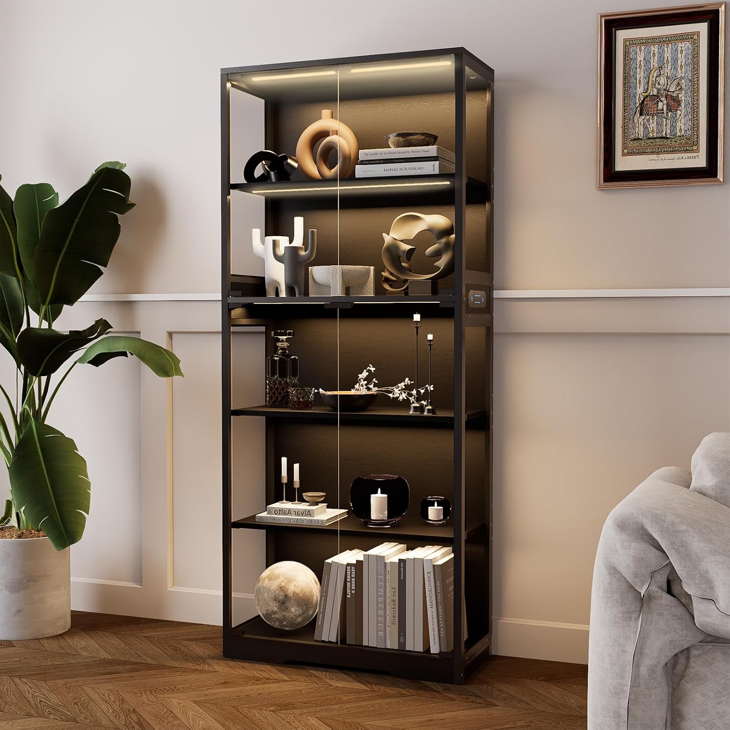 Glass Display Cabinet, 5-Tier Curio Cabinet with Glass Doors, Dimming LED Lights & Motion Sensor, for Collectible Figures, Living Room, Bedroom, or Office (Iron Frame Black)