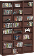 LELELINKY 8 Tier Tall Display Cabinet, Walnut Media Storage Cabinet with Adjustable Shelves, Free Standing DVD Organizer Shelf, Floor Multimedia Storage Manga Bookshelf for Living Room & Home Office.