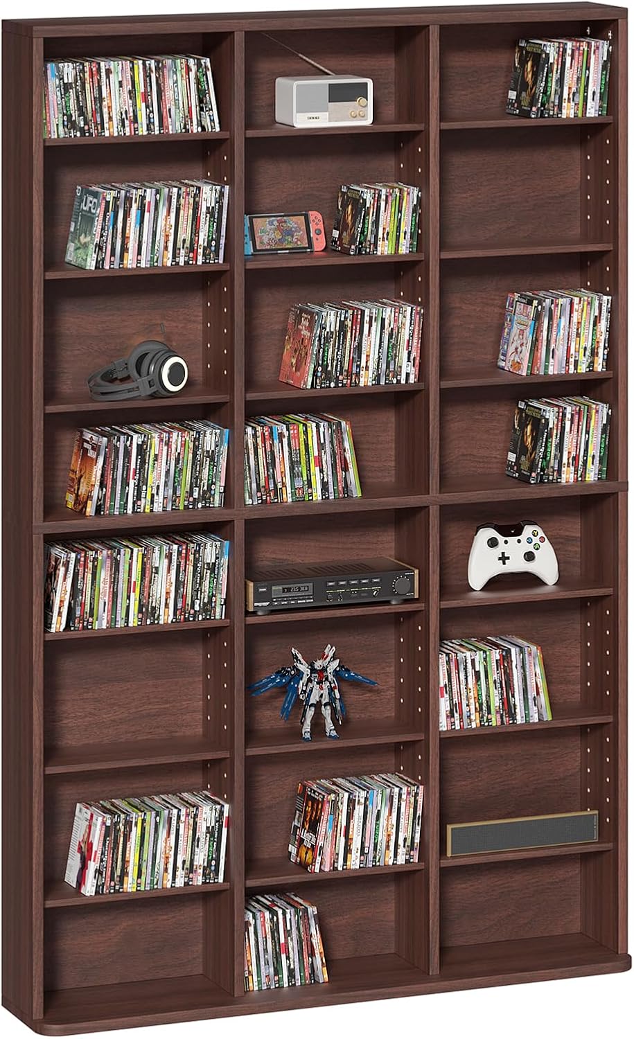 LELELINKY 8 Tier Tall Display Cabinet, Walnut Media Storage Cabinet with Adjustable Shelves, Free Standing DVD Organizer Shelf, Floor Multimedia Storage Manga Bookshelf for Living Room & Home Office.