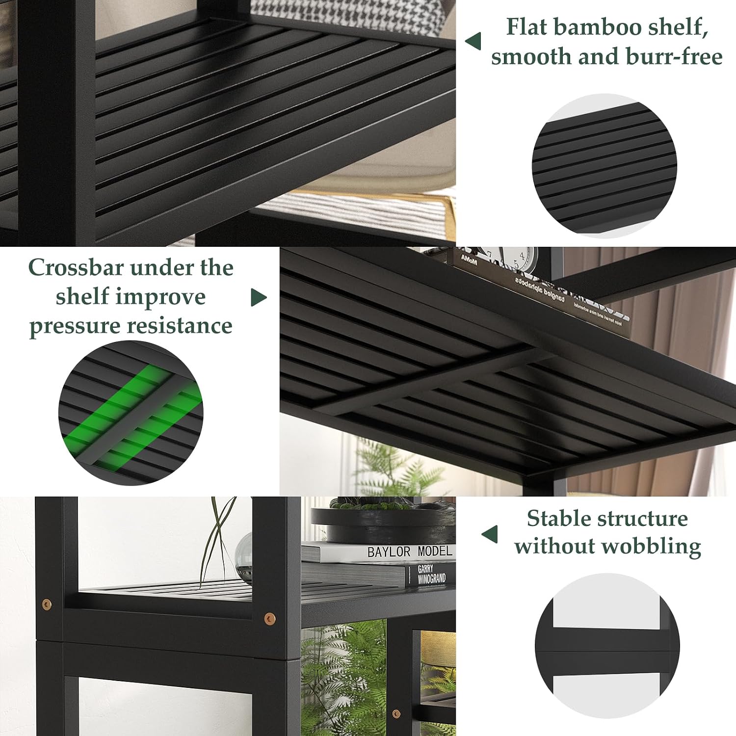 Homykic Double Wide Bamboo Bookshelf Black, 6-Tier Large Open Bookcase with 12 Display Shelves, 6ft Tall Freestanding Book Shelf for Home Office, Bedroom, Living Room, Plants