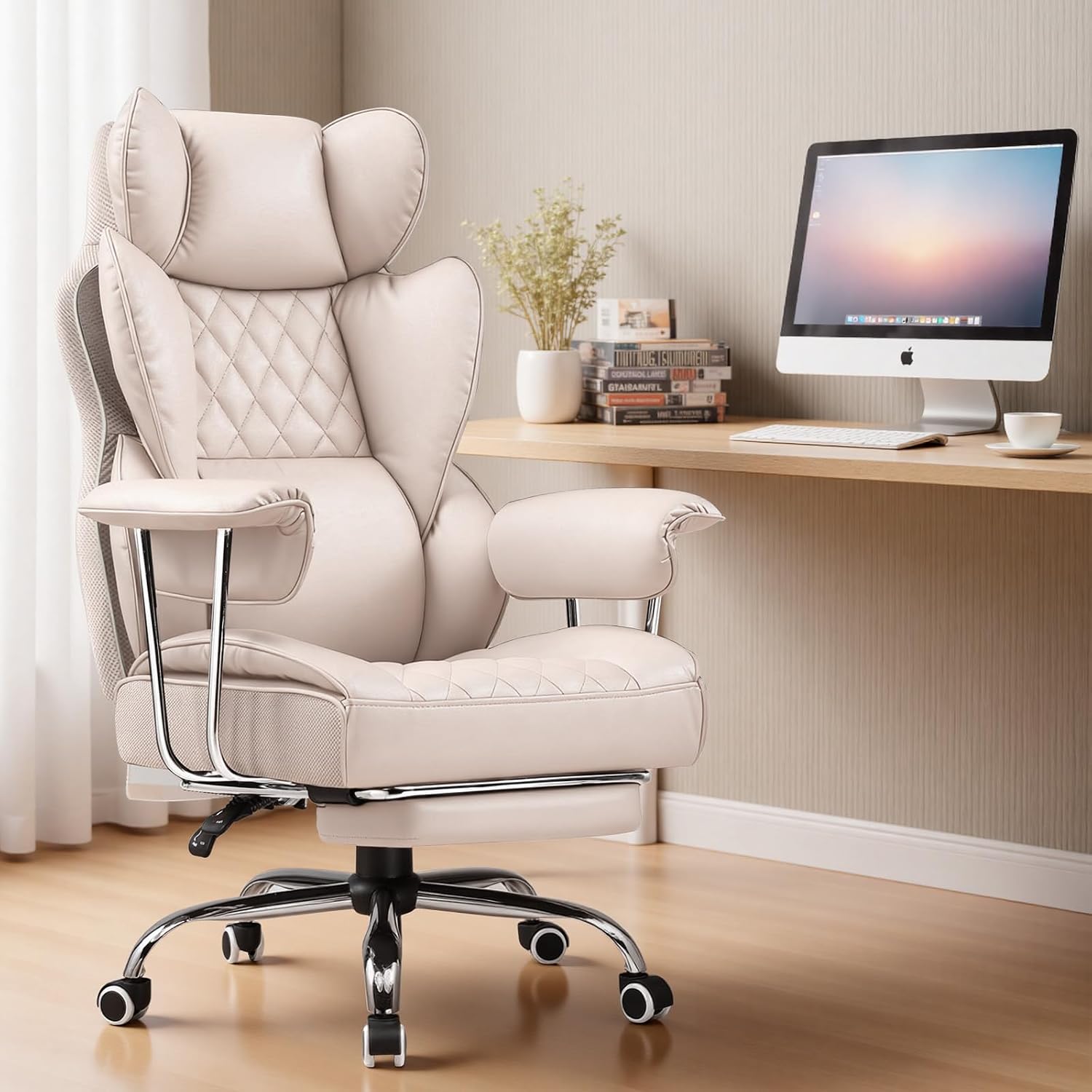 COMHOMA Big and Tall Office Chair, High Back Leather Gaming Chair with Footrest, Executive Ergonomic Office Chairs with Pocket Spring Lumbar Support and with Outward Fixed Soft Armrests