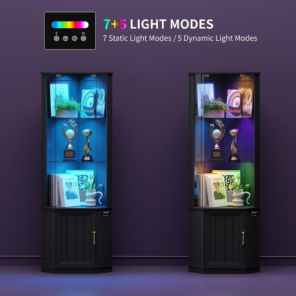 HNEBC 69' Tall Curio Display Cabinet with Glass Door and Movable Shelves,Corner Bookcase with LED Human Sensor Lights,5-Tier RGB Display Case for Collectibles,Bedroom Living Room