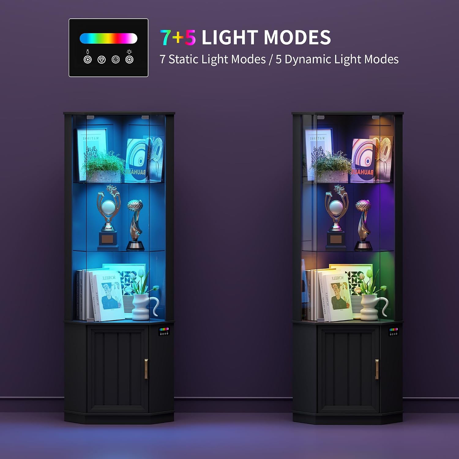 HNEBC 69' Tall Curio Display Cabinet with Glass Door and Movable Shelves,Corner Bookcase with LED Human Sensor Lights,5-Tier RGB Display Case for Collectibles,Bedroom Living Room