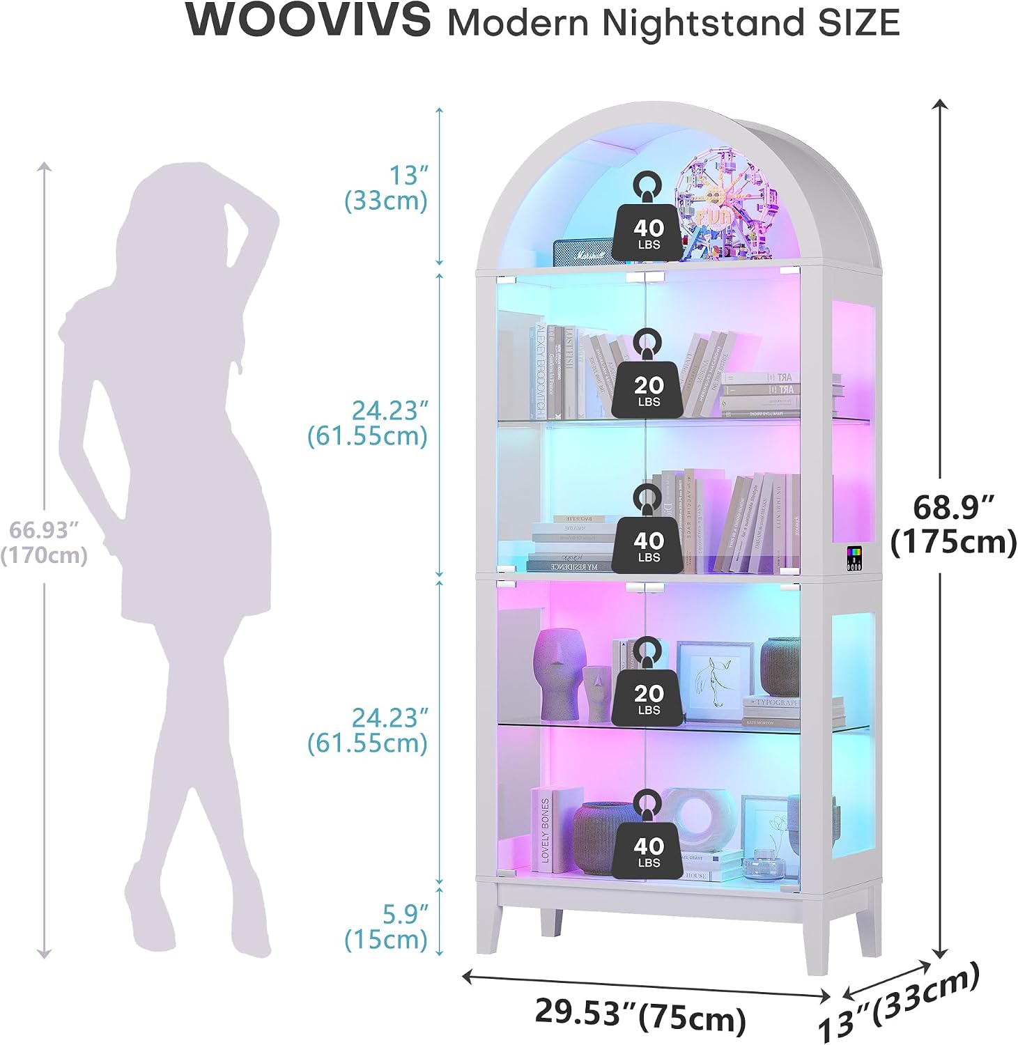 WOOVIVS Glass Display Cabinet with RGB Lights, 69' Tall Curio Cabinet with Rebound Tempered Glass Door, 5-Tier Adjustable Display Case for Living Room (White)