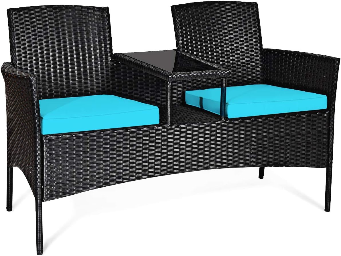 Tangkula Wicker Patio Conversation Furniture Set, Outdoor Furniture Set with Removable Cushions & Table, Tempered Glass Top, Modern Rattan Bench for Garden Lawn Backyard