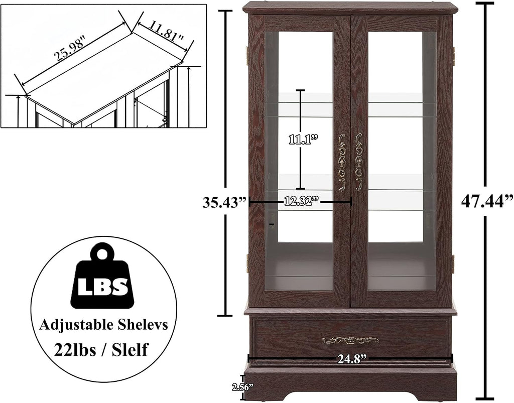 47' H Lighted Curio Cabinet Display Case, Glass Case with Adjustable Shelves,Tempered Glass Door and Drawer, Wooden Curio Cabinet with Mirrored Back Pane for Living Room (Dark Cherry)