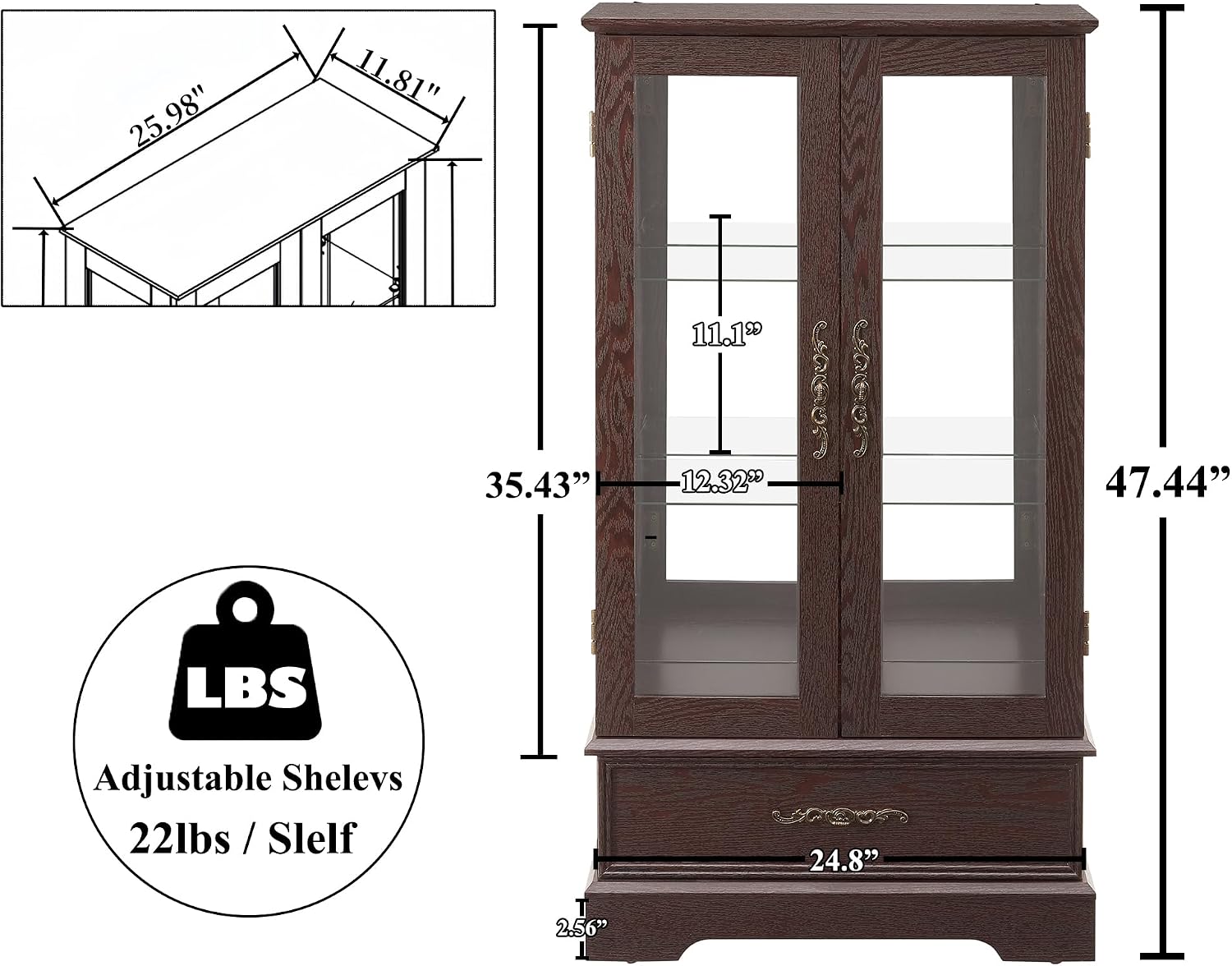 47' H Lighted Curio Cabinet Display Case, Glass Case with Adjustable Shelves,Tempered Glass Door and Drawer, Wooden Curio Cabinet with Mirrored Back Pane for Living Room (Dark Cherry)