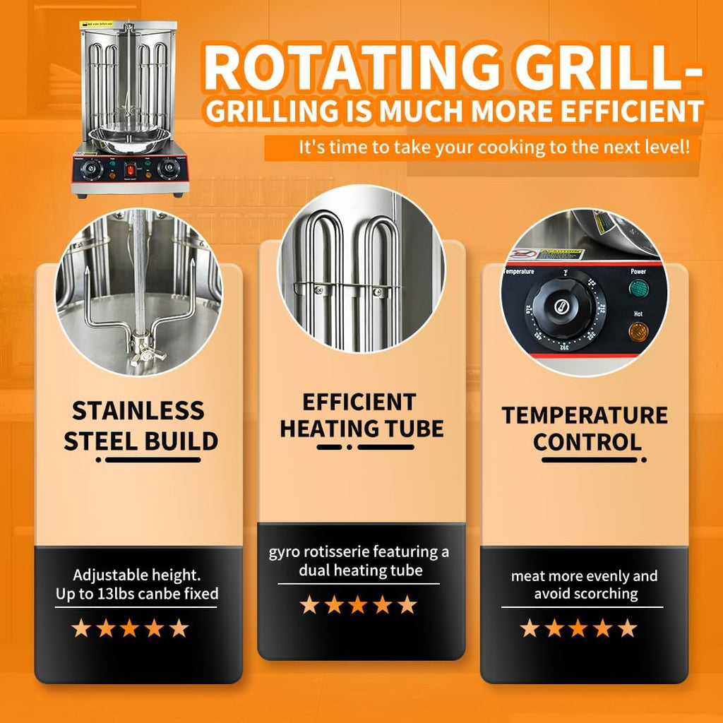 KOOTEN Shawarma Grill Machine Electric Vertical Kebab Gyro Grill Machine Rotisserie Broiler Machine with 2 Burners and Meat Catch Pan, 3000W