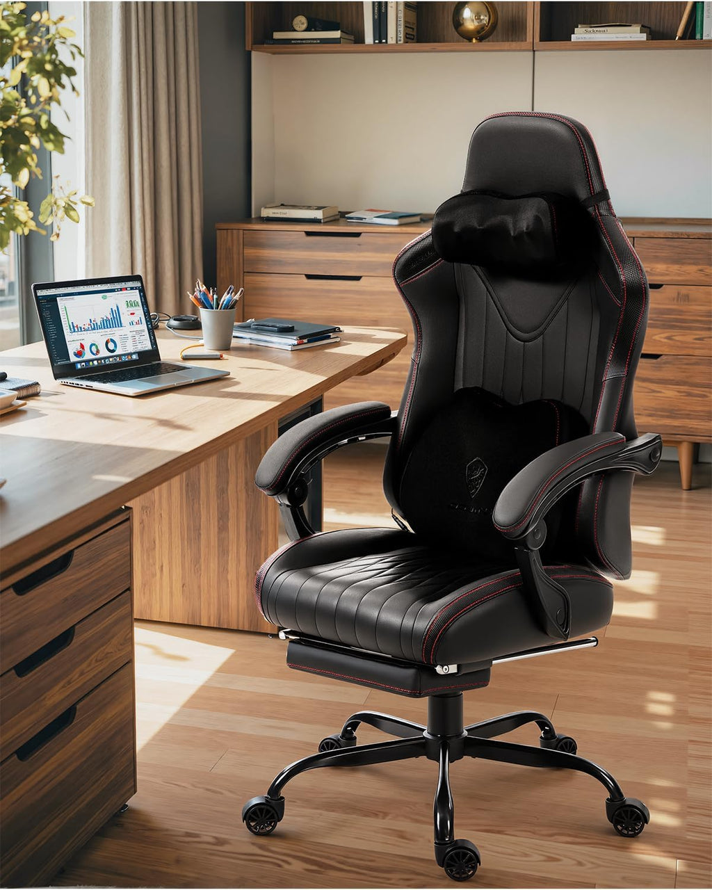 Dowinx Gaming Video Gaming Chair with Shiatsu Neck Massage and Lumbar Support for Home Office High Back Recliner Height Adjustable Ergonomic Comfy Leather Computer Desk Chair (Black)