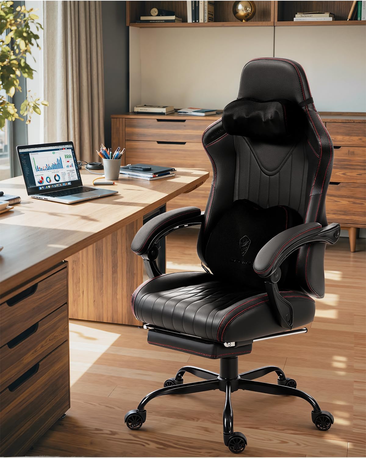 Dowinx Gaming Video Gaming Chair with Shiatsu Neck Massage and Lumbar Support for Home Office High Back Recliner Height Adjustable Ergonomic Comfy Leather Computer Desk Chair (Black)
