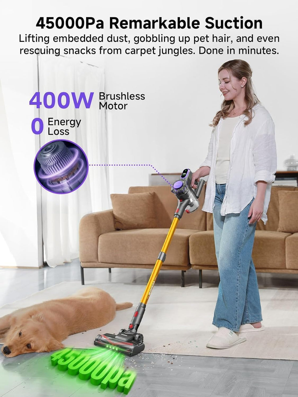 MONSGA Cordless Vacuum Cleaner, 45KPa 400W Stick Vacuum for Home, 50Mins Anti-Tangled Vacuum Cleaner with Charging Dock, Light-Weighted Handheld Vacuum for Pet Hair/Carpet/Floor, LED Touch Display