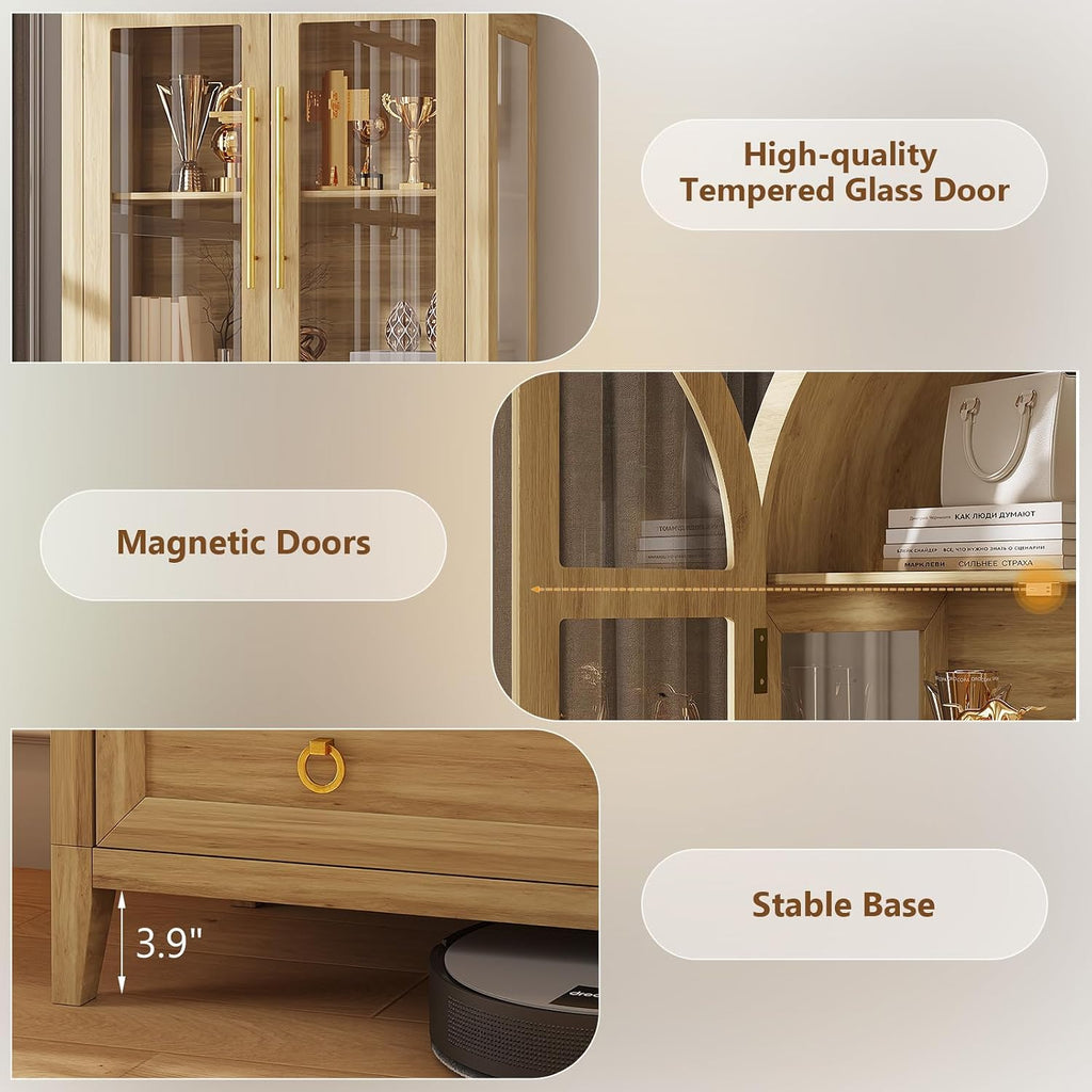 LVSOMT 71' Tall Arched Storage Cabinet with Glass Doors and Drawers, Curio Display Cabinet with Adjustable LED Light & Human Sensor, 4-Tier China Cabinet for Living Room(Wood)